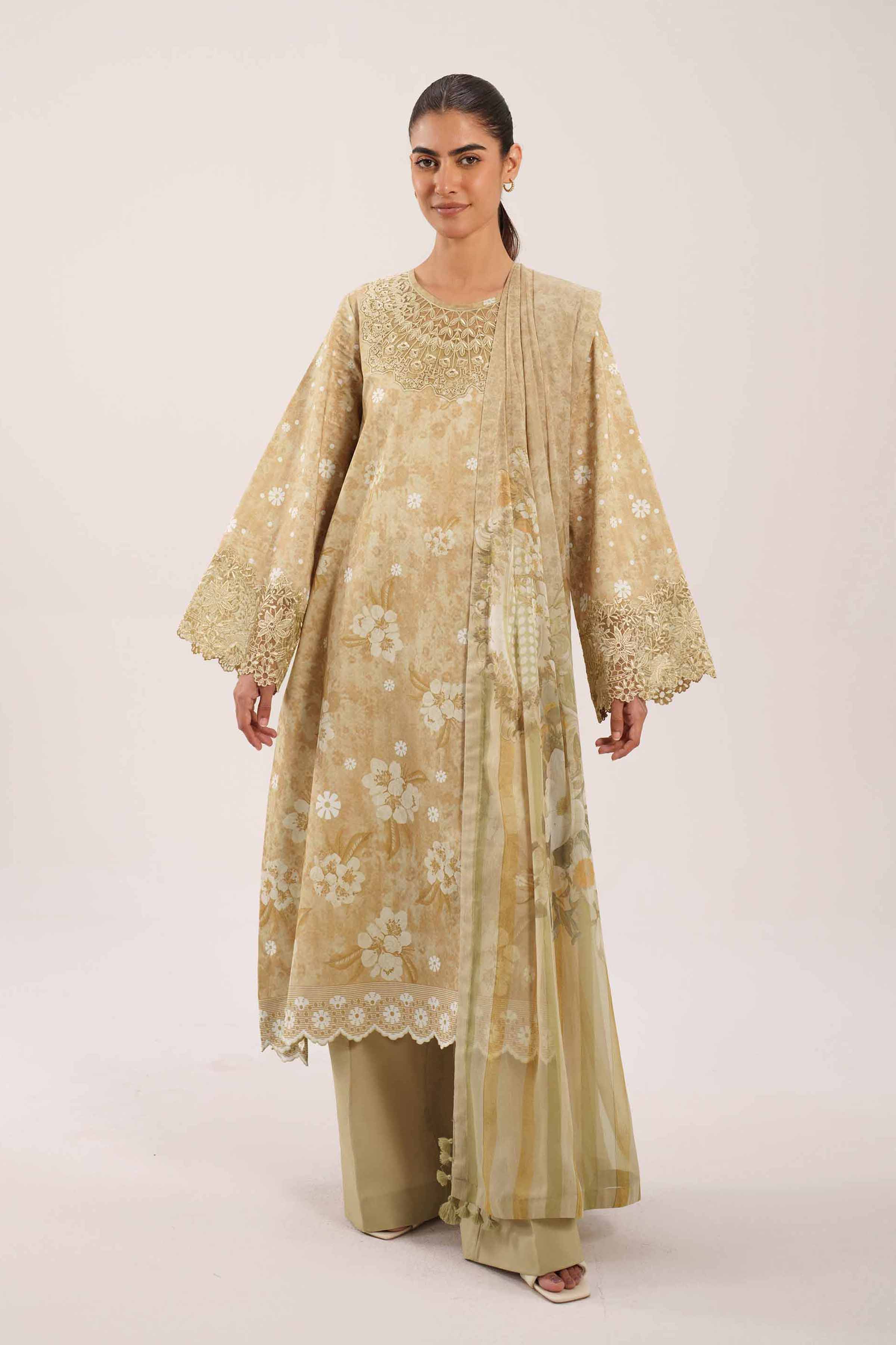 3 Piece - Embroidered Suit - 42601215 NishatUAE Yellow Cambric 3PC Embroidered Unstitched