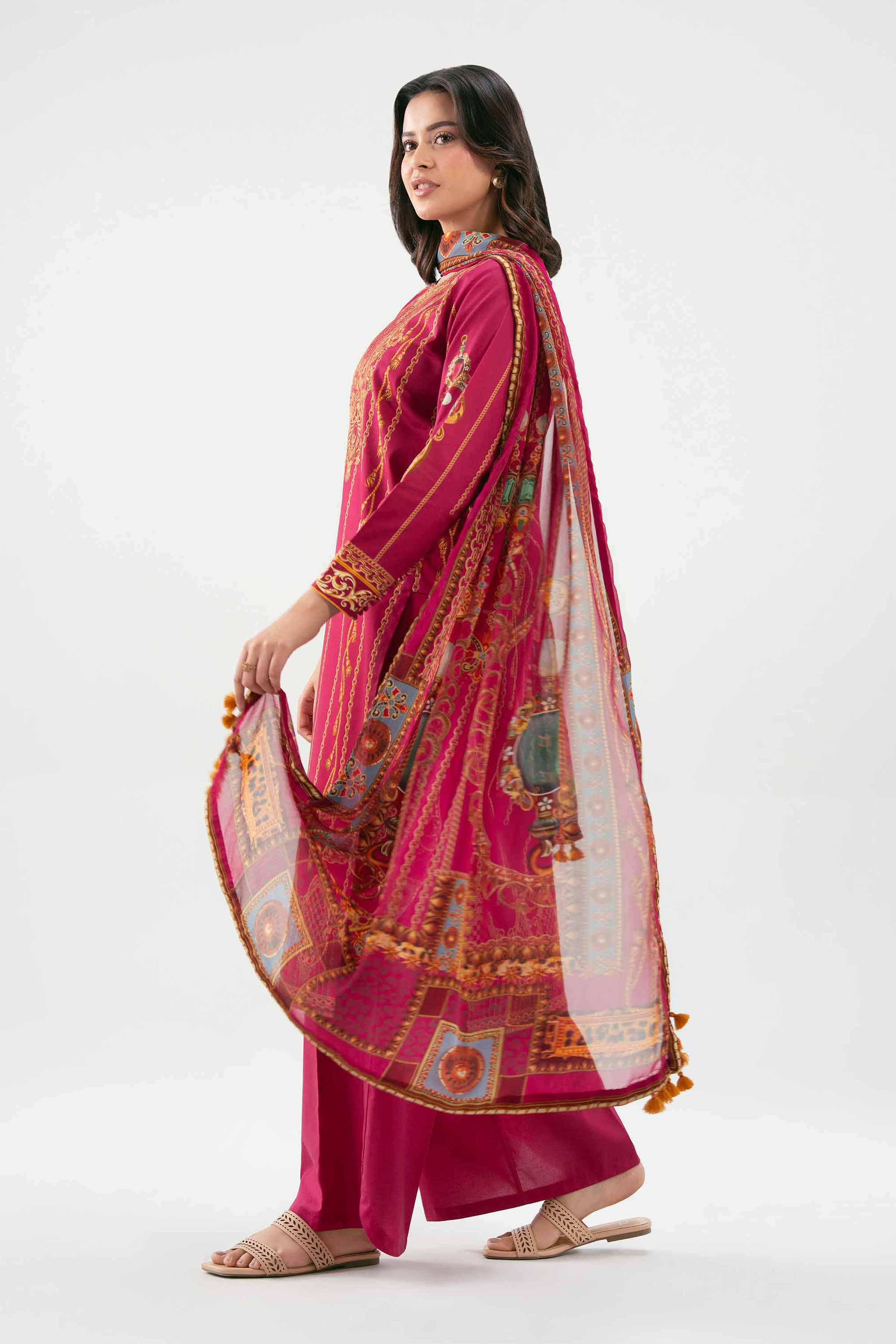 3 Piece - Embroidered Suit - 42601217 NishatUAE Maroon Cambric 3PC Embroidered Unstitched