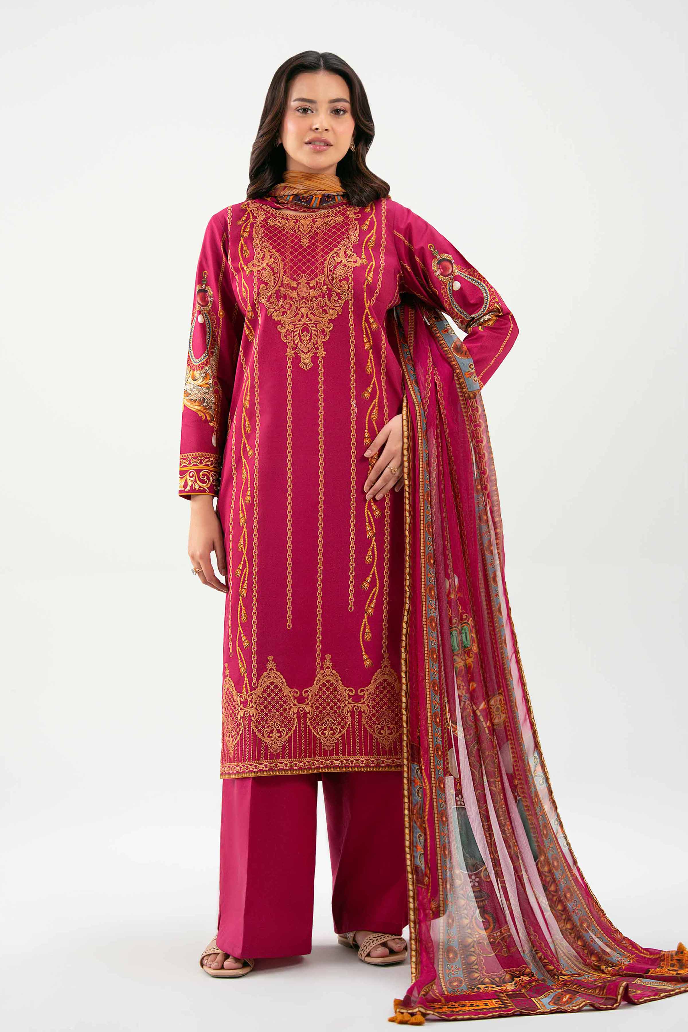 3 Piece - Embroidered Suit - 42601217 NishatUAE Maroon Cambric 3PC Embroidered Unstitched