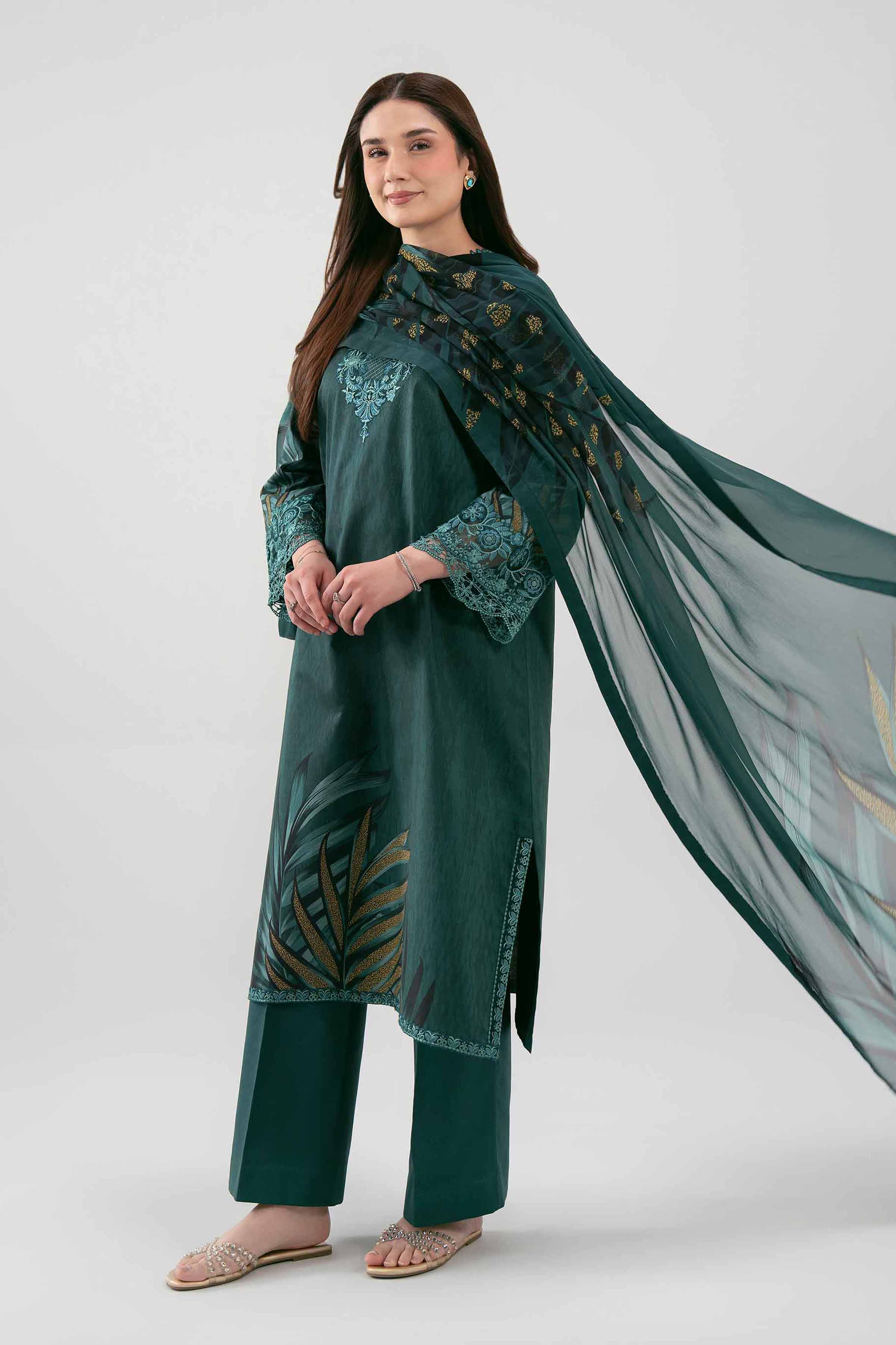 3 Piece - Embroidered Suit - 42601218 NishatUAE Green Cambric 3PC Embroidered Unstitched