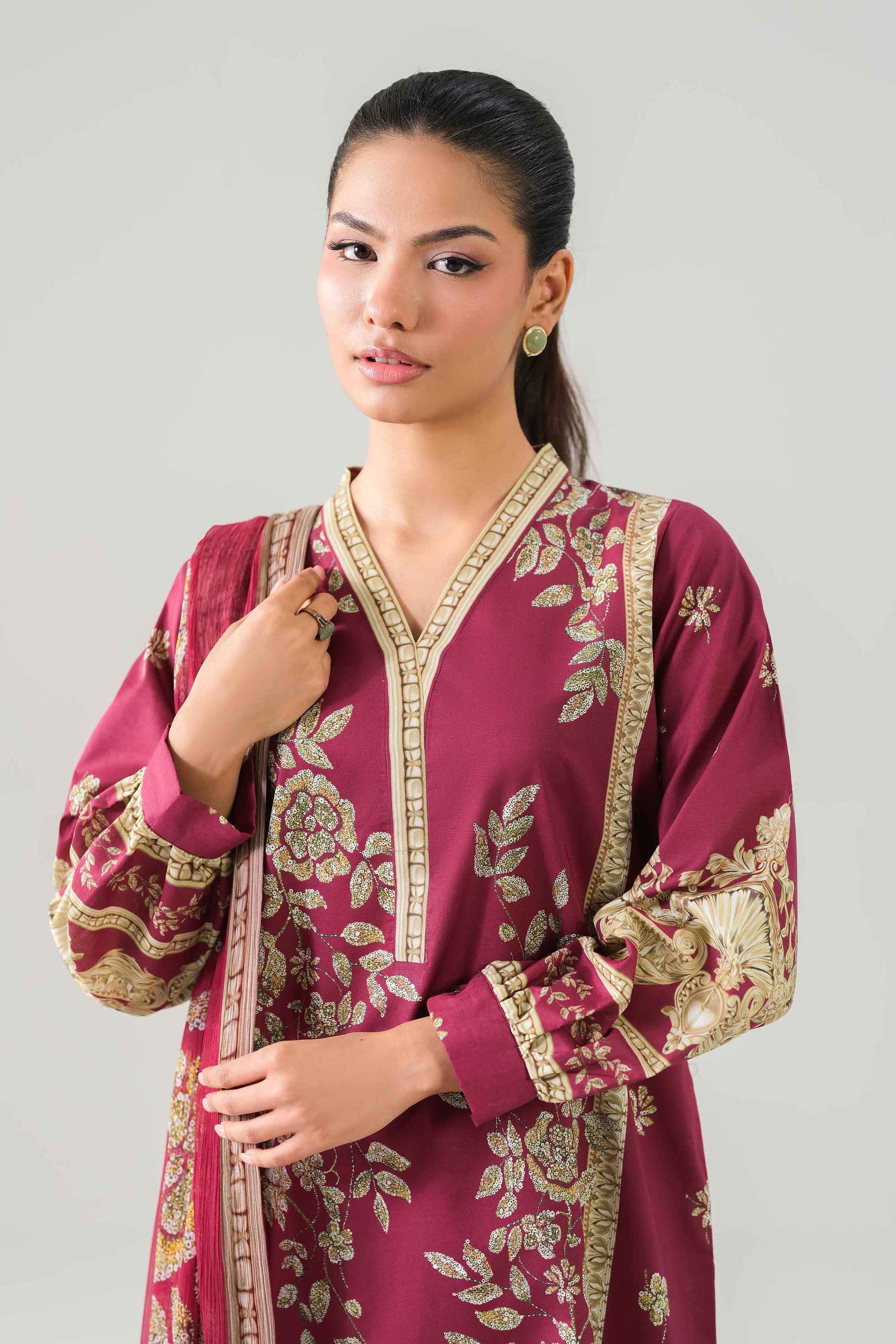 3 Piece - Printed Suit - 42601242 NishatUAE Maroon Lawn 3PC Printed Unstitched