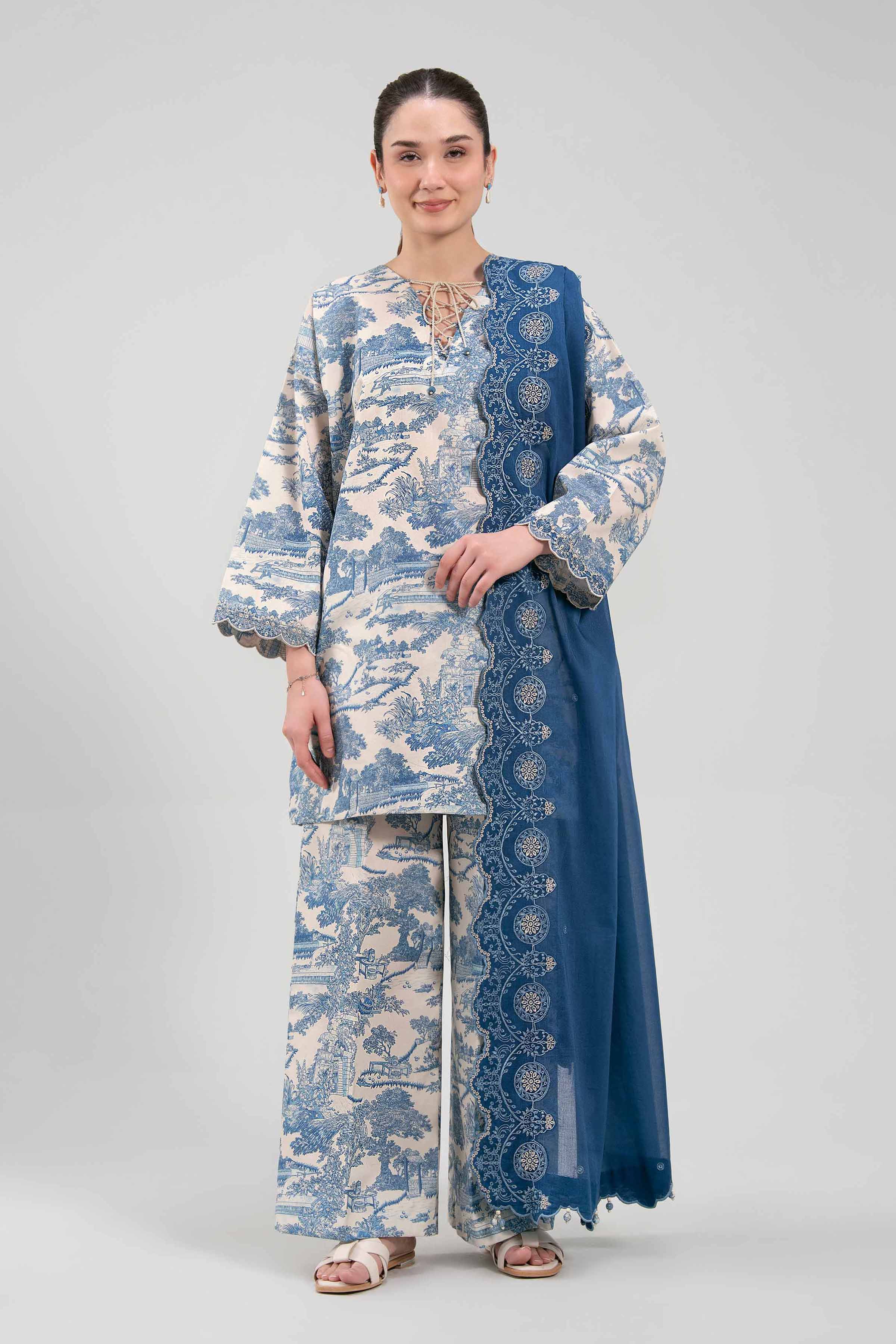 3 Piece - Embroidered Suit - 42601268 NishatUAE Blue Lawn 3PC Embroidered Unstitched