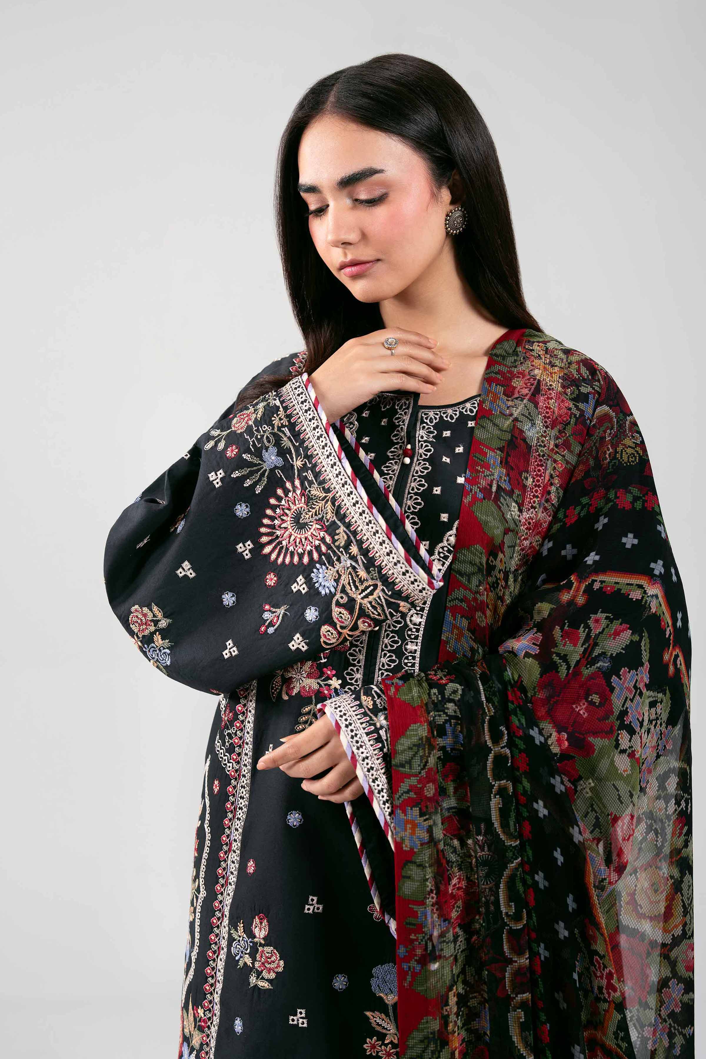 3 Piece - Digital Printed Embroidered Suit - 42601289 Black & Red Lawn 3PC Embroidered