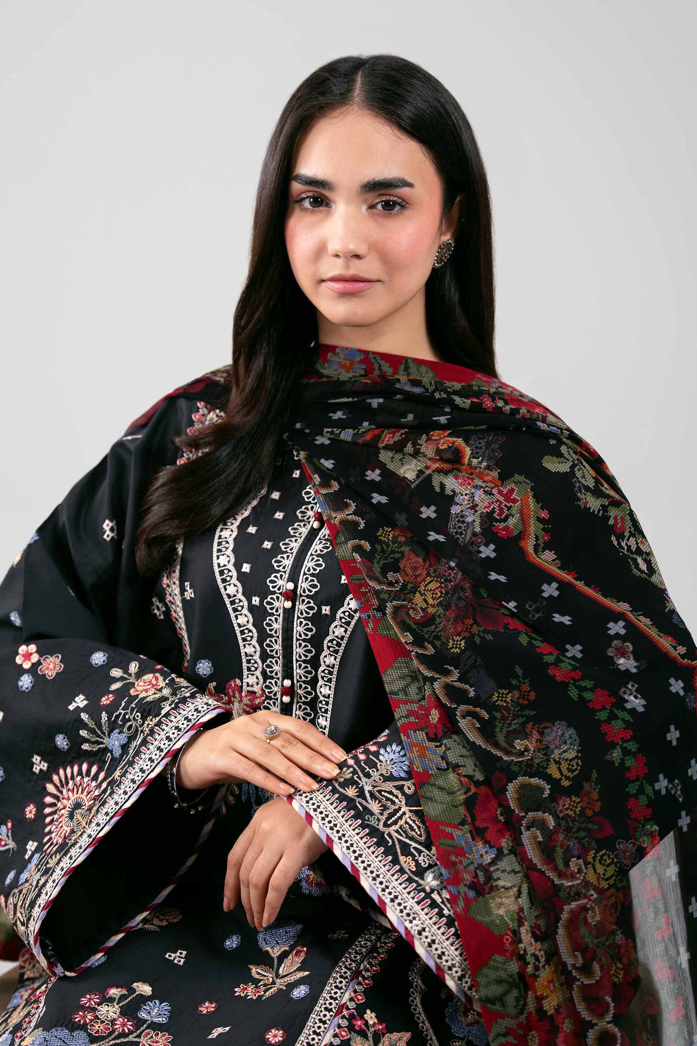 3 Piece - Digital Printed Embroidered Suit - 42601289 Black & Red Lawn 3PC Embroidered