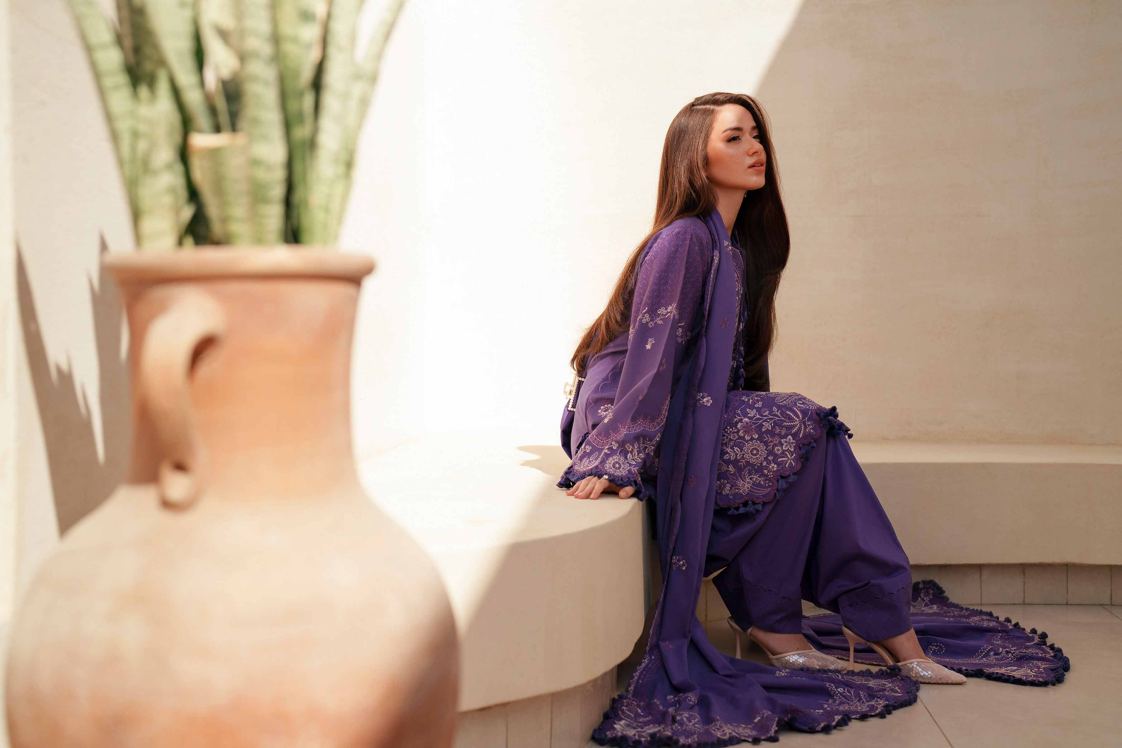 3 Piece - Embroidered Suit - 42601296 Purple Cambric 3PC Embroidered