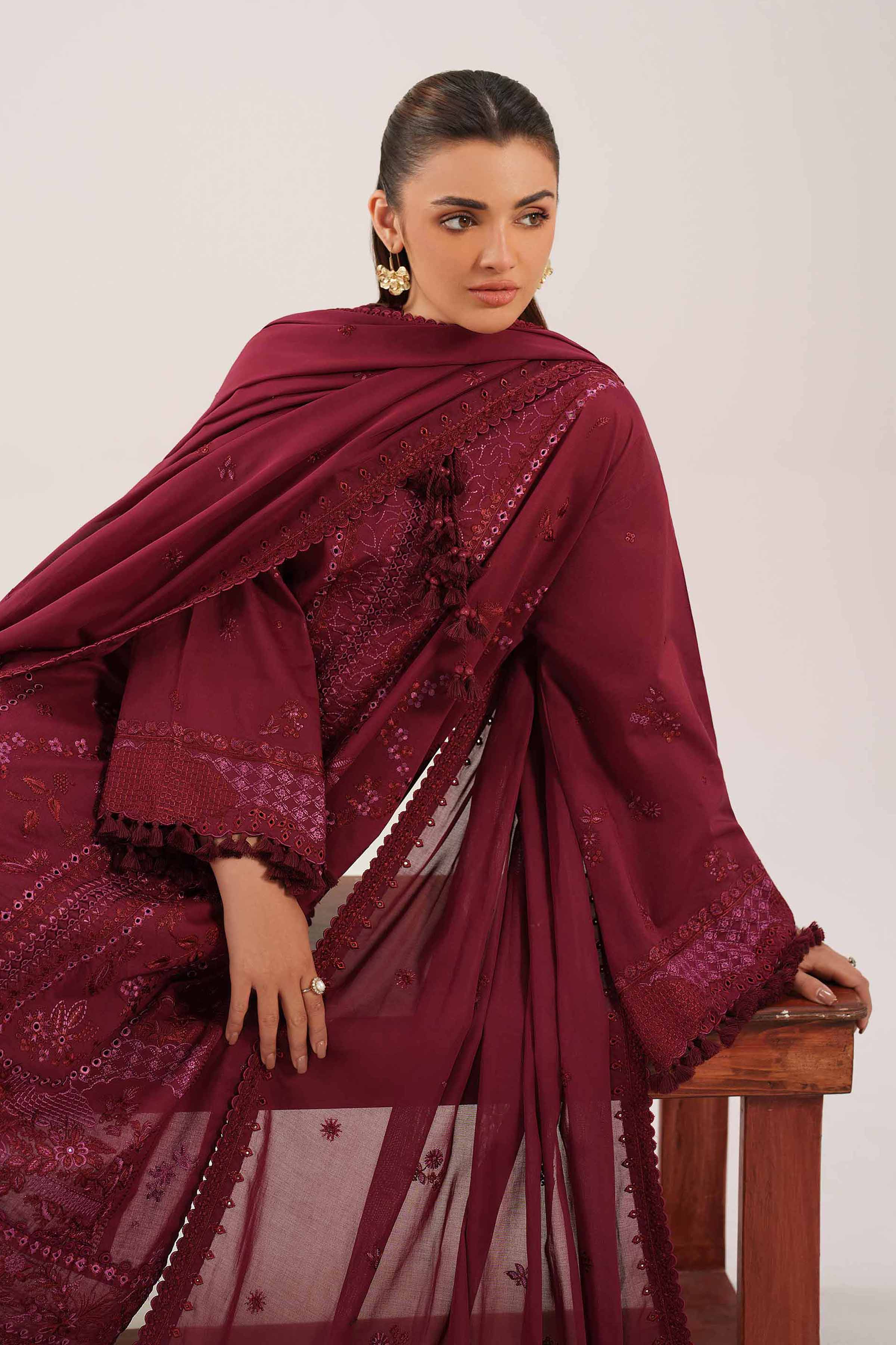 3 Piece - Embroidered Suit - 42601298 Maroon Cambric 3PC Embroidered