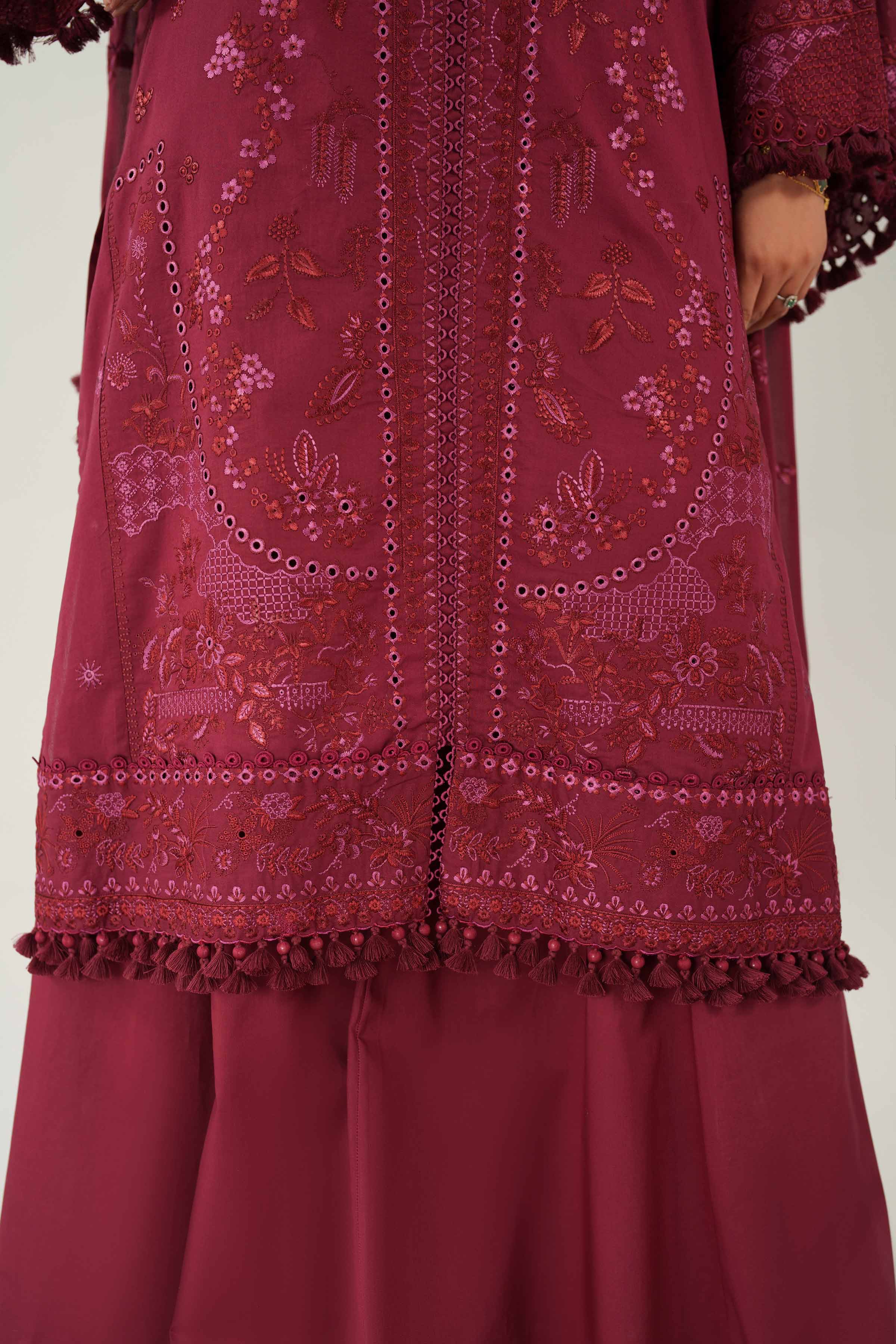 3 Piece - Embroidered Suit - 42601298 Maroon Cambric 3PC Embroidered