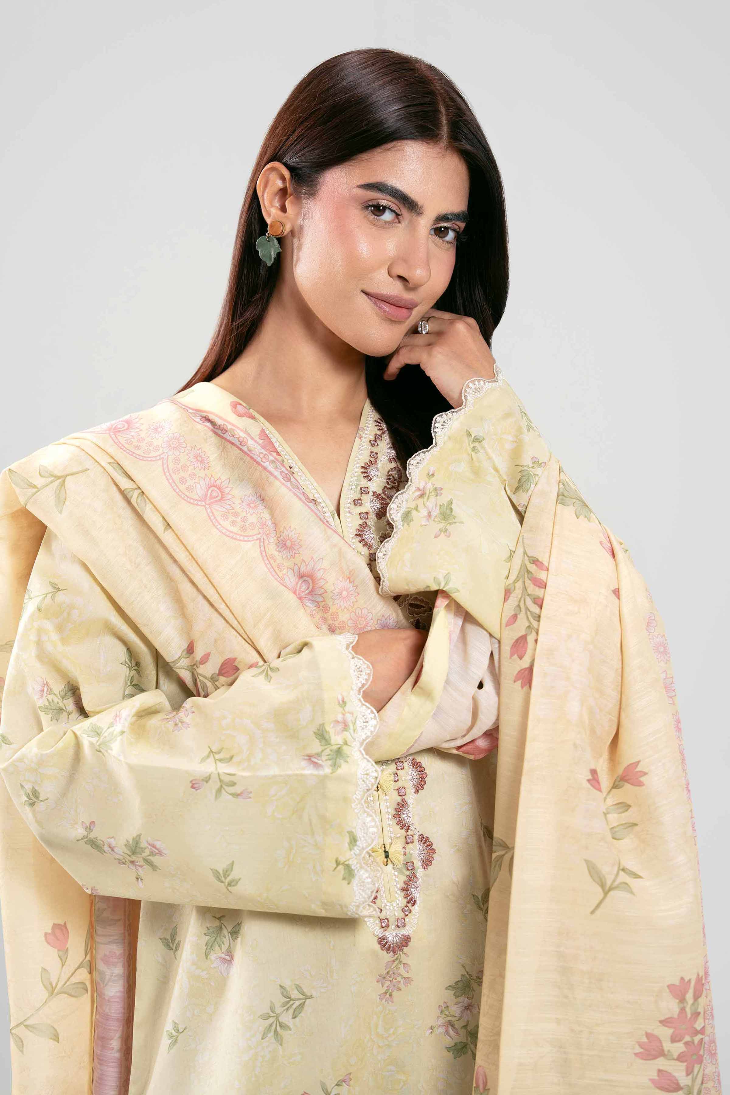 NISHAT UAE 3Pc Embroidered Unstitched Women Yellow Lawn Suit
