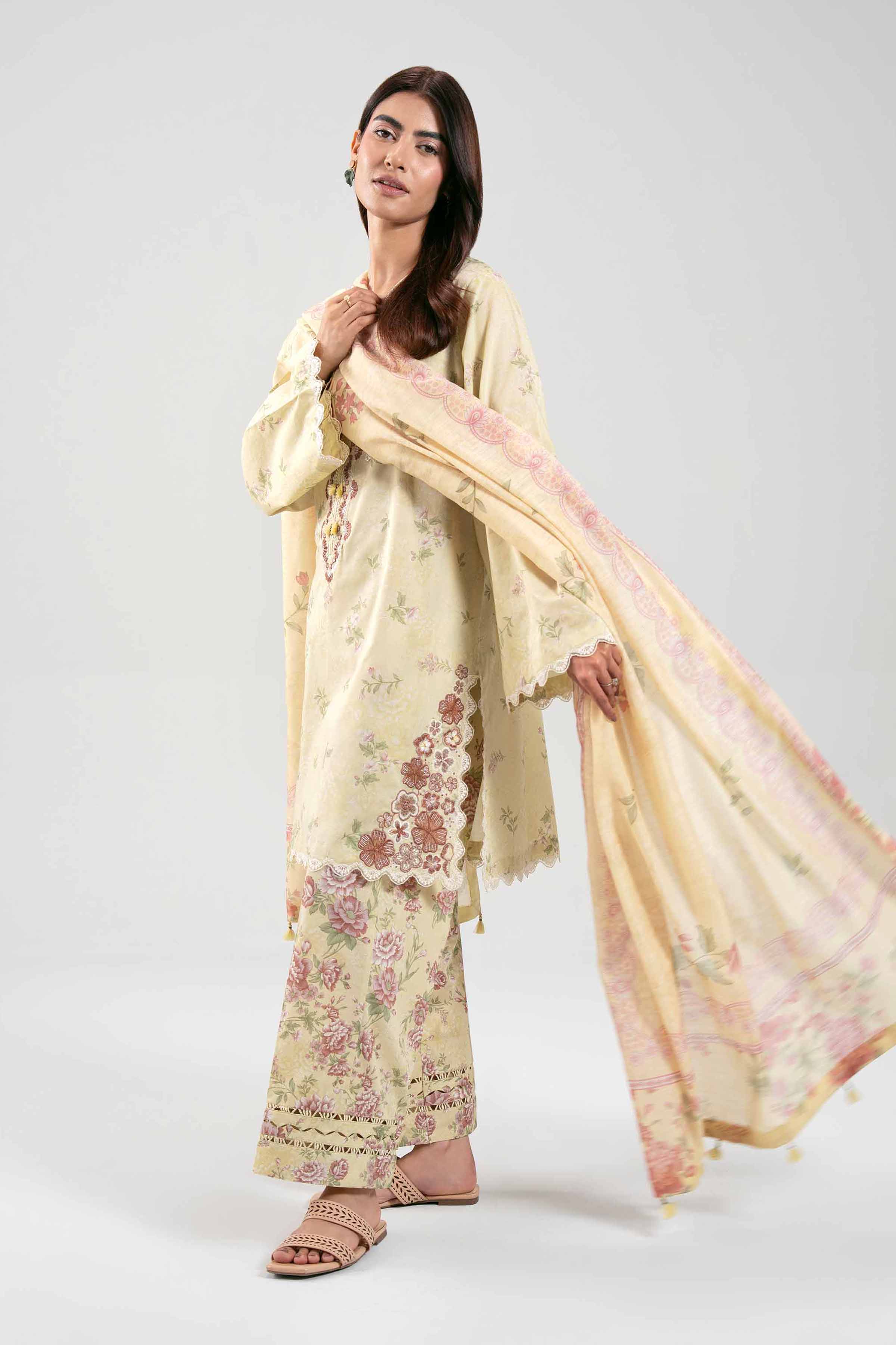 NISHAT UAE 3Pc Embroidered Unstitched Women Yellow Lawn Suit