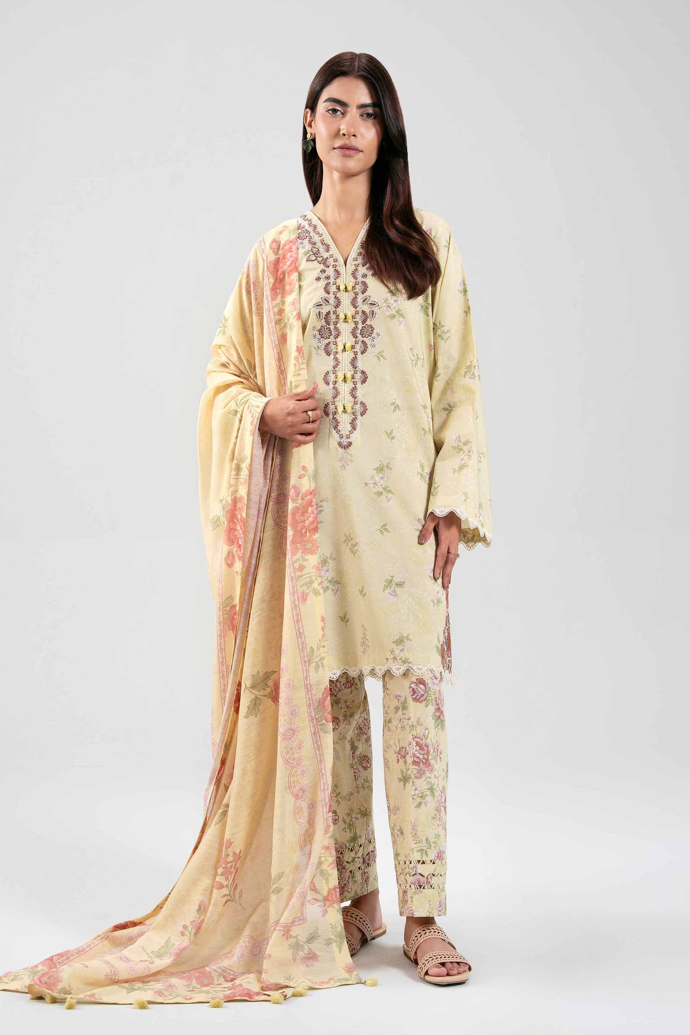 NISHAT UAE 3Pc Embroidered Unstitched Women Yellow Lawn Suit