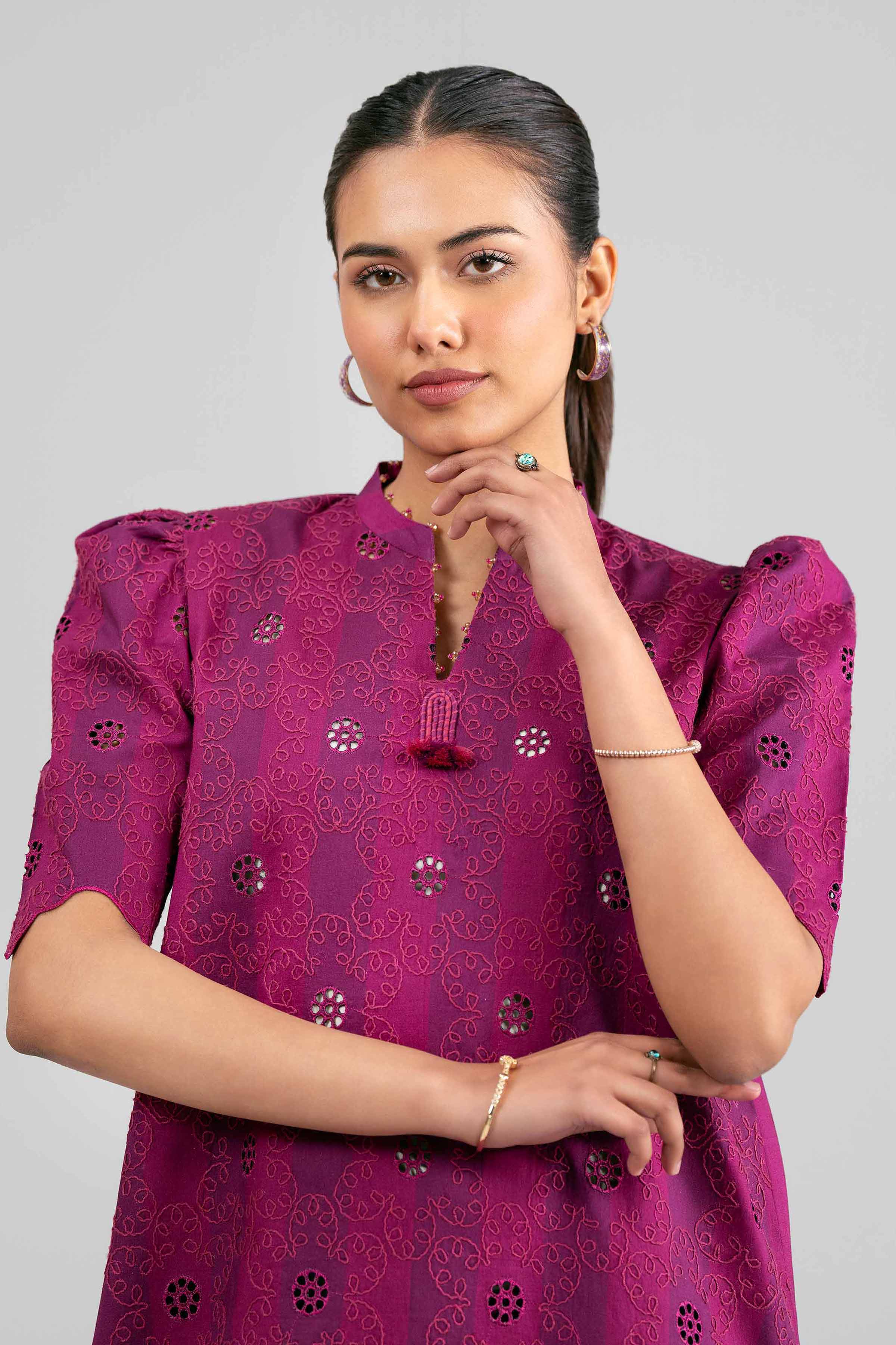 2 Piece - Embroidered Suit - 42601393 Purple Cotton 2PC Embroidered