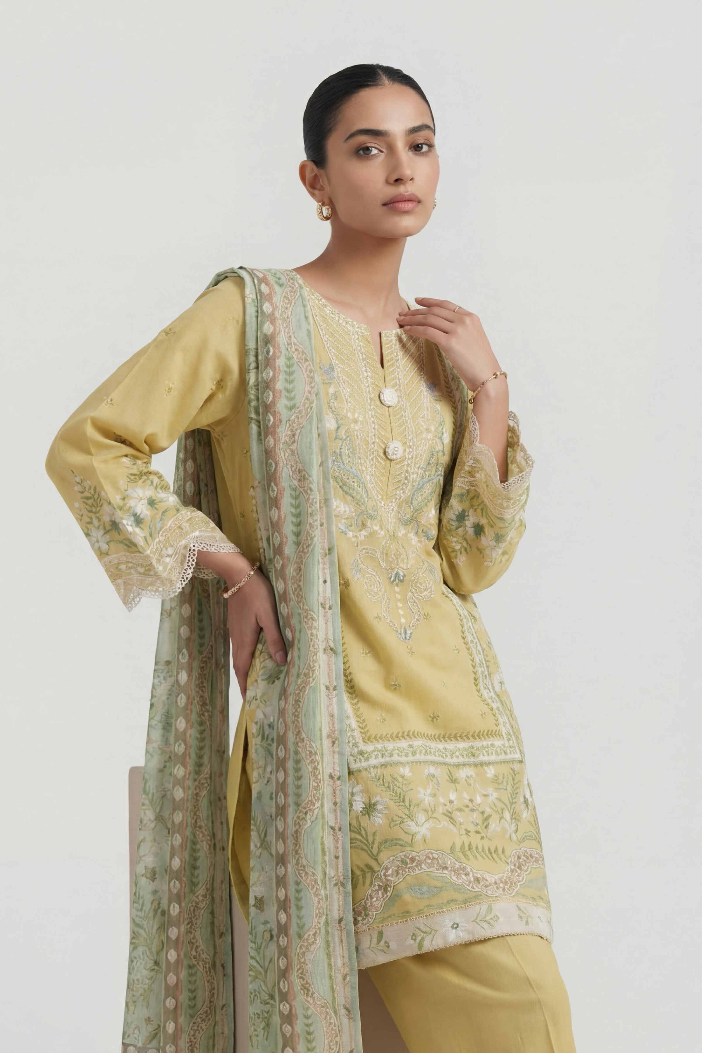 3 Piece - Digital Printed Embroidered Suit - 42601454 Yellow Lawn 3PC Embroidered Summer
