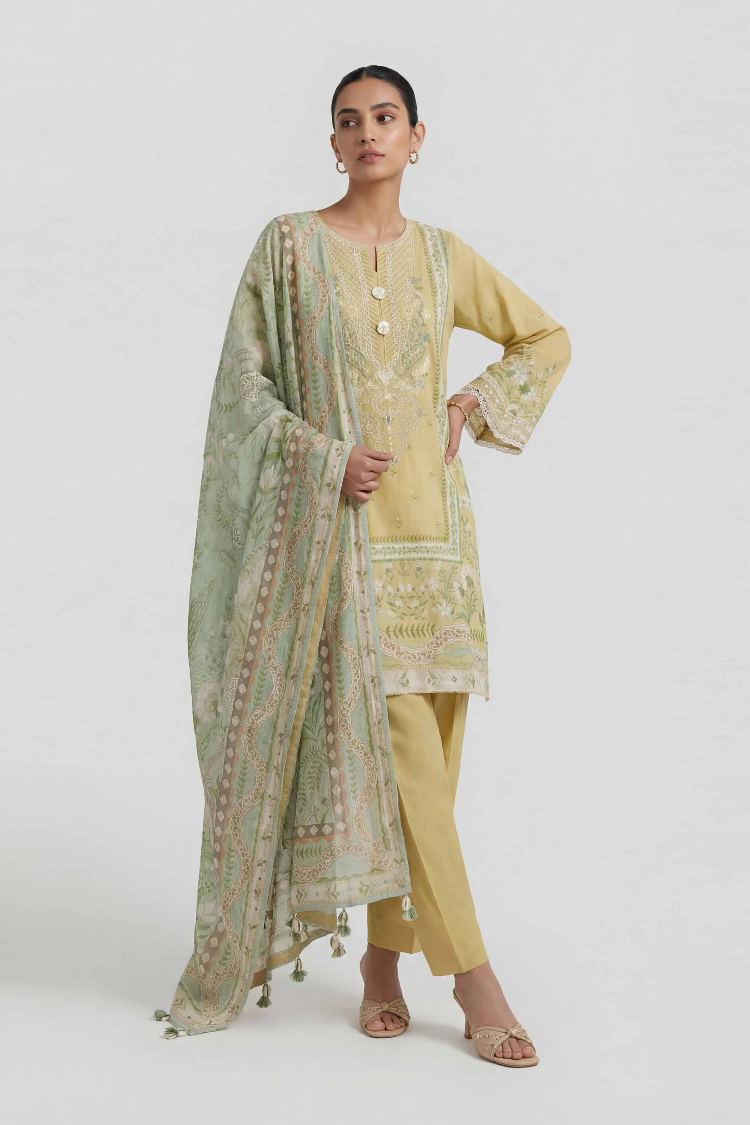 3 Piece - Digital Printed Embroidered Suit - 42601454 Yellow Lawn 3PC Embroidered Summer