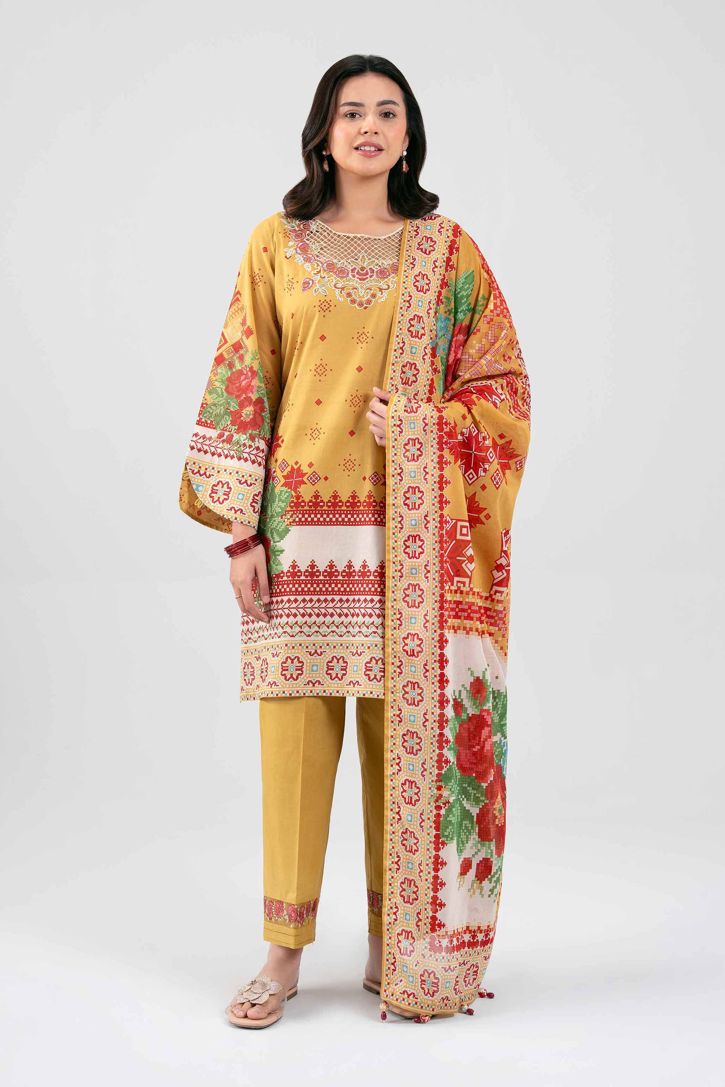 3 Piece - Digital Printed Embroidered Suit - 42601455 Yellow Lawn 3PC Embroidered Summer