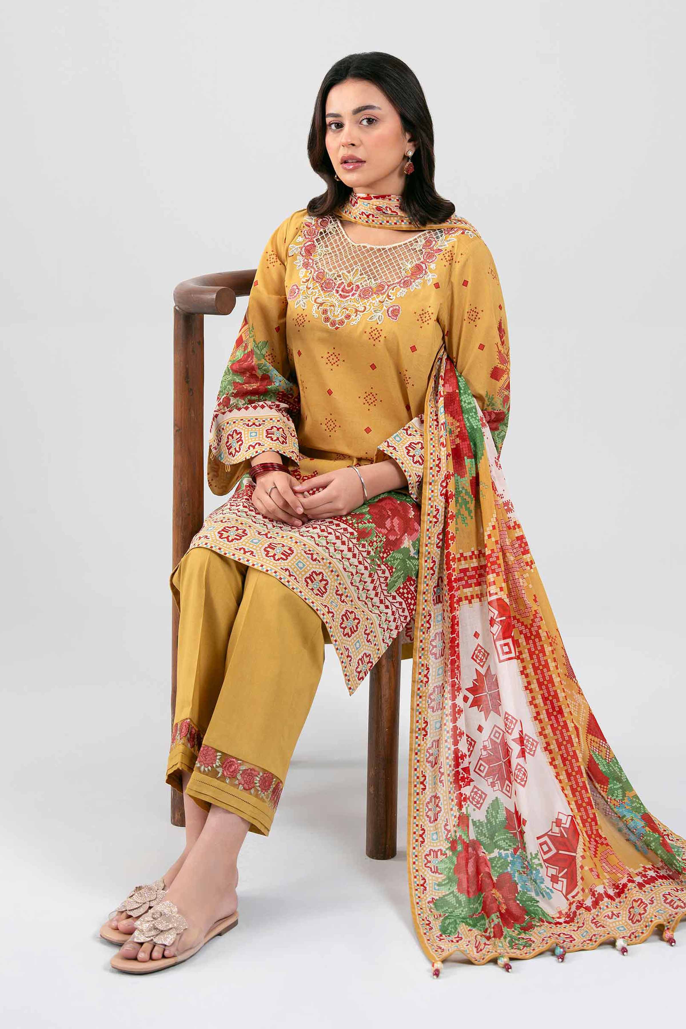 3 Piece - Digital Printed Embroidered Suit - 42601455 Yellow Lawn 3PC Embroidered Summer