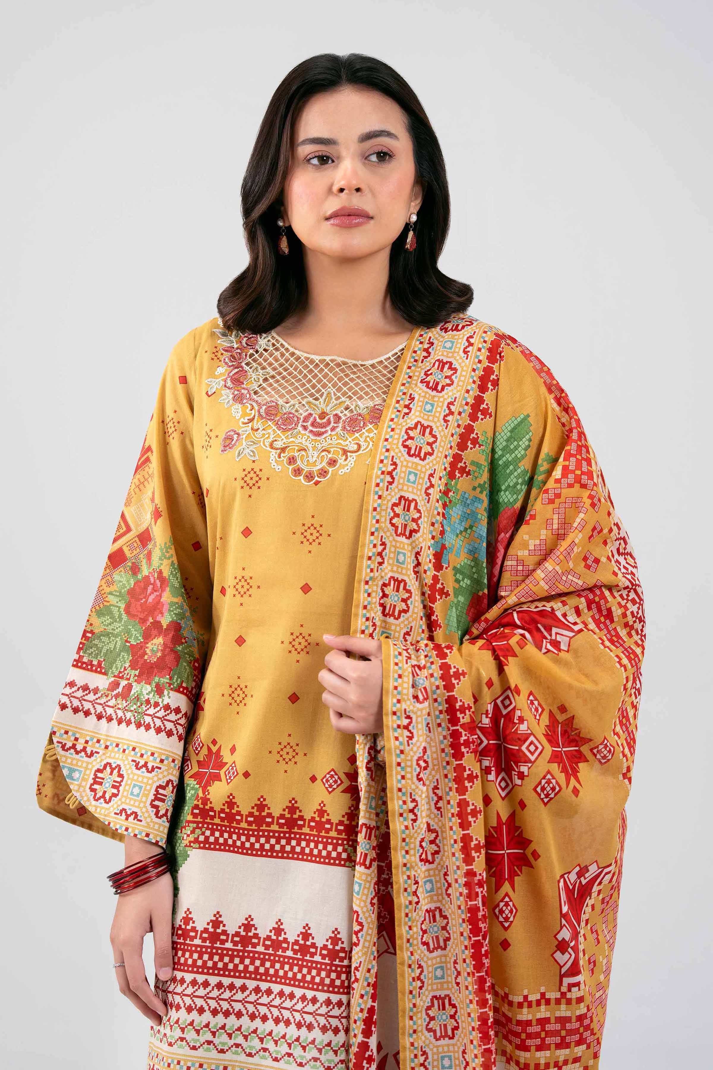 3 Piece - Digital Printed Embroidered Suit - 42601455 Yellow Lawn 3PC Embroidered Summer