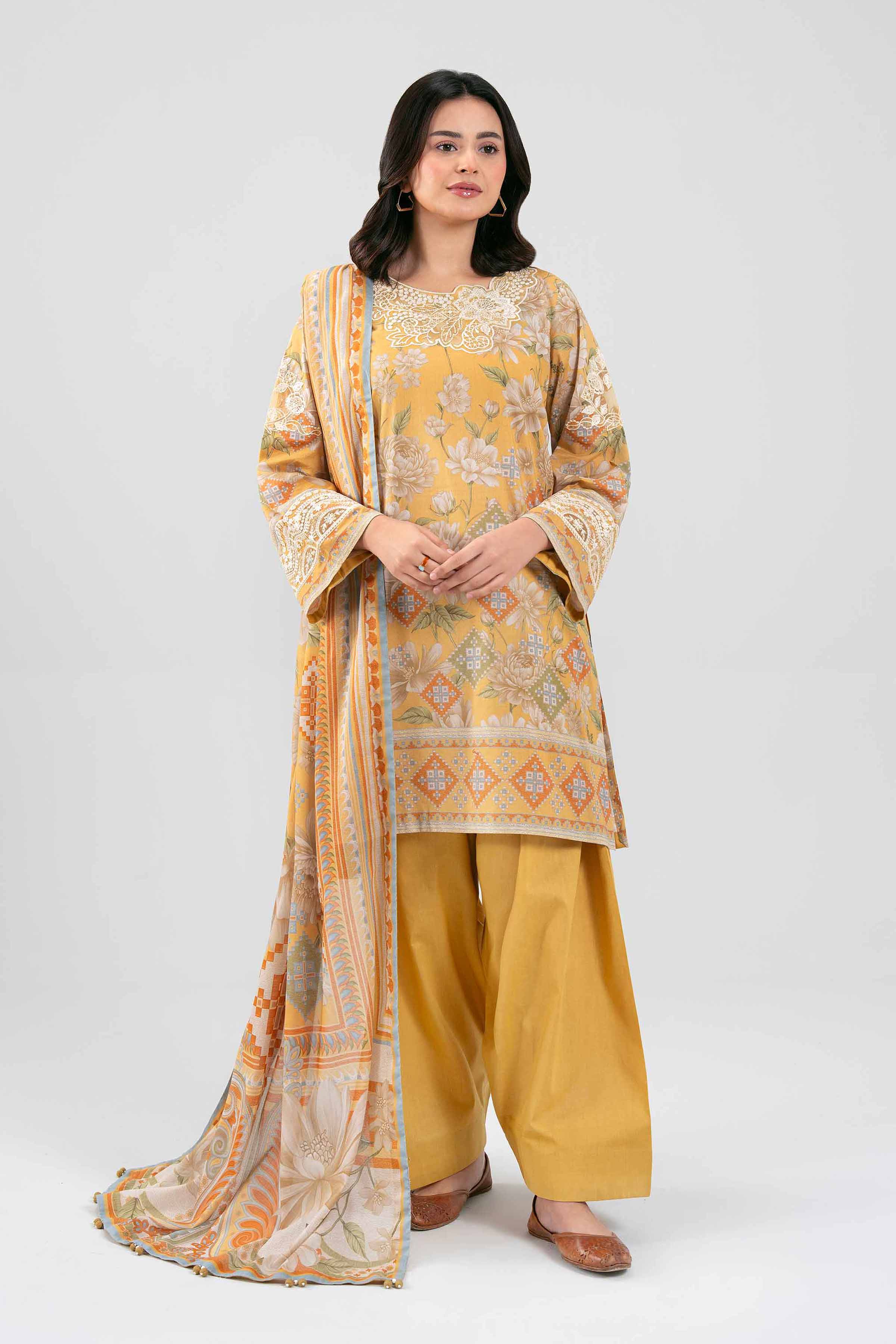 3 Piece - Digital Printed Embroidered Suit - 42601456 Yellow Lawn 3PC Embroidered Summer