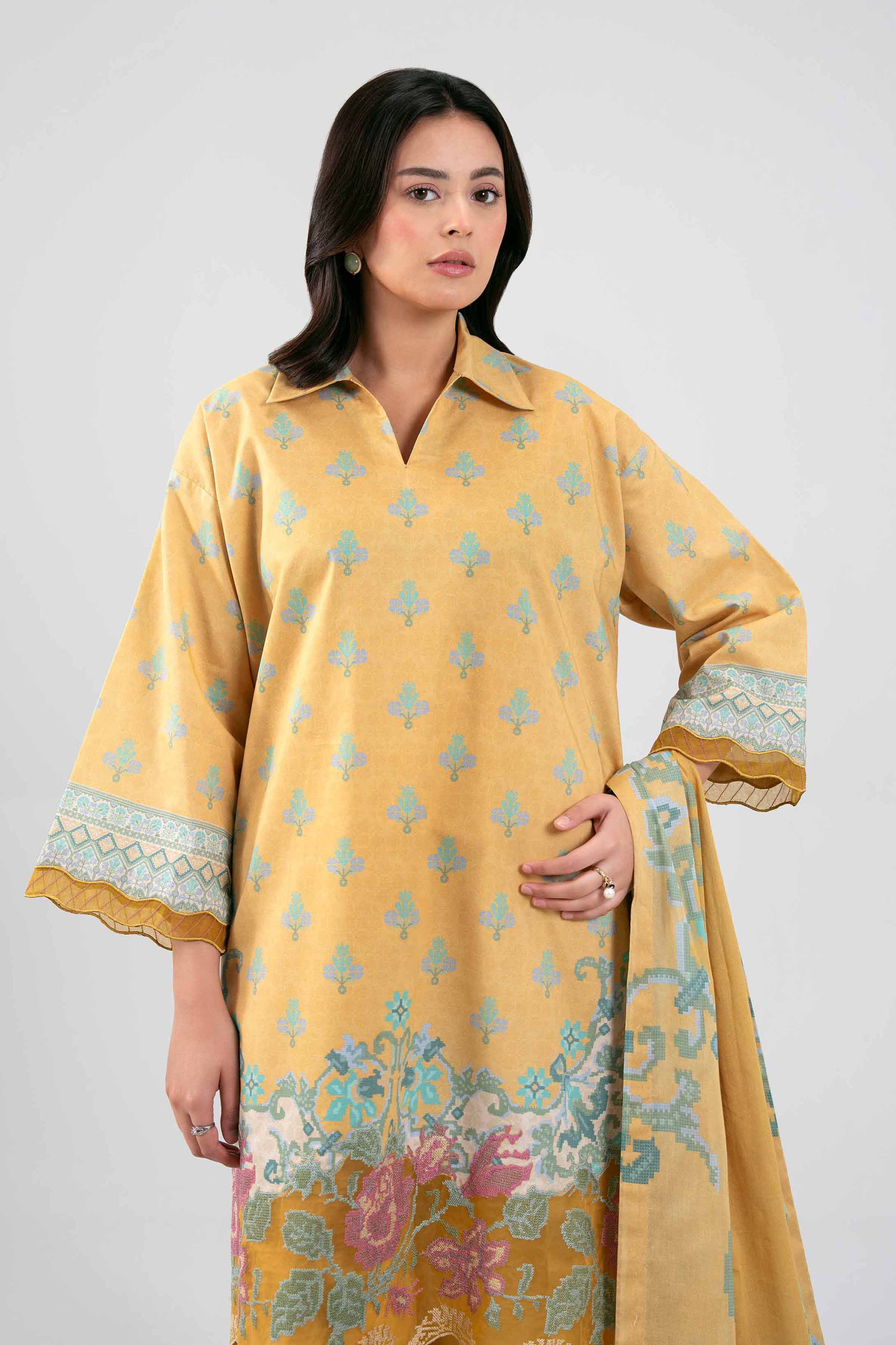 3 Piece - Digital Printed Embroidered Suit - 42601459 Yellow Lawn 3PC Embroidered Summer