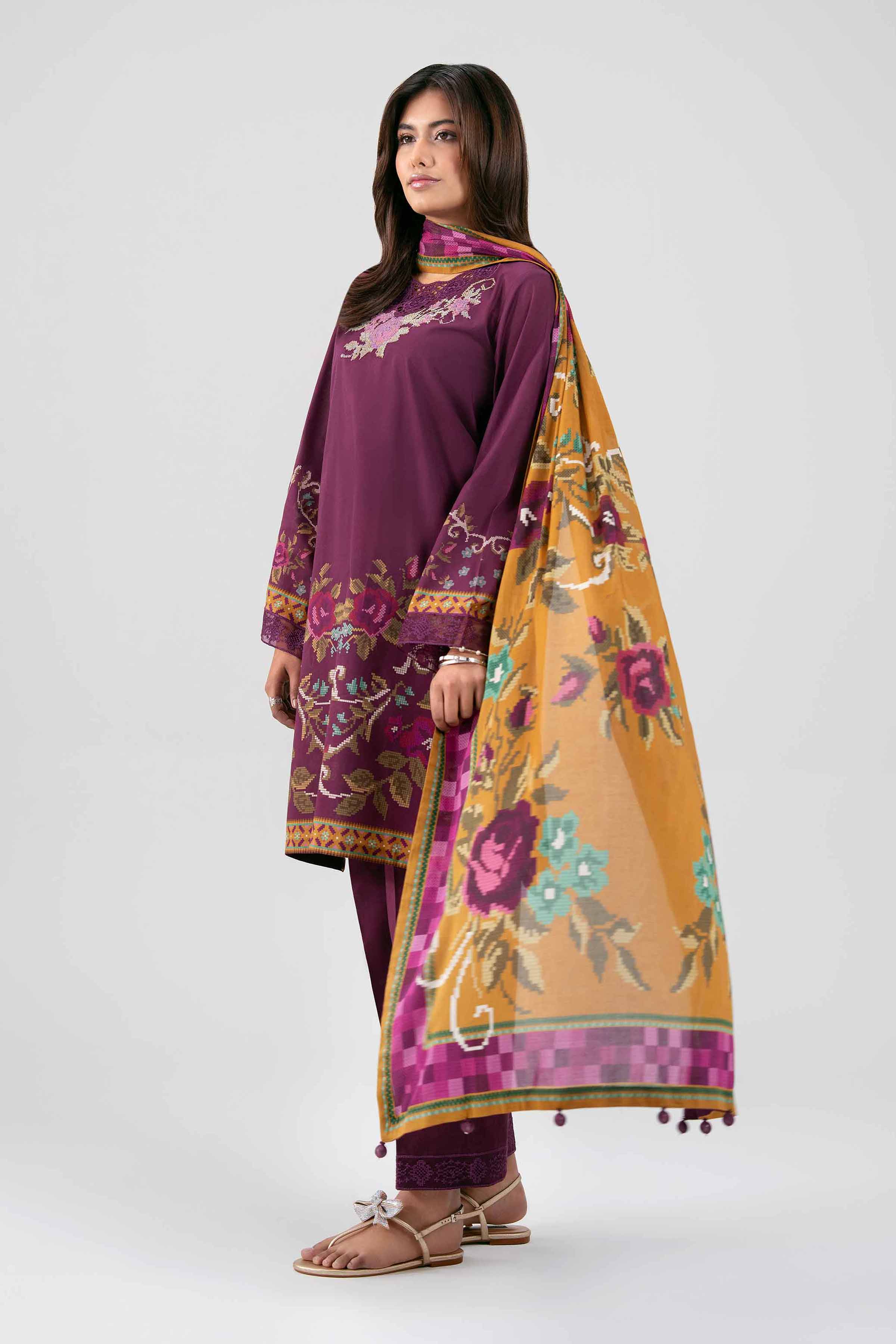 3 Piece - Digital Printed Embroidered Suit - 42601462 Maroon Lawn 3PC Embroidered Summer