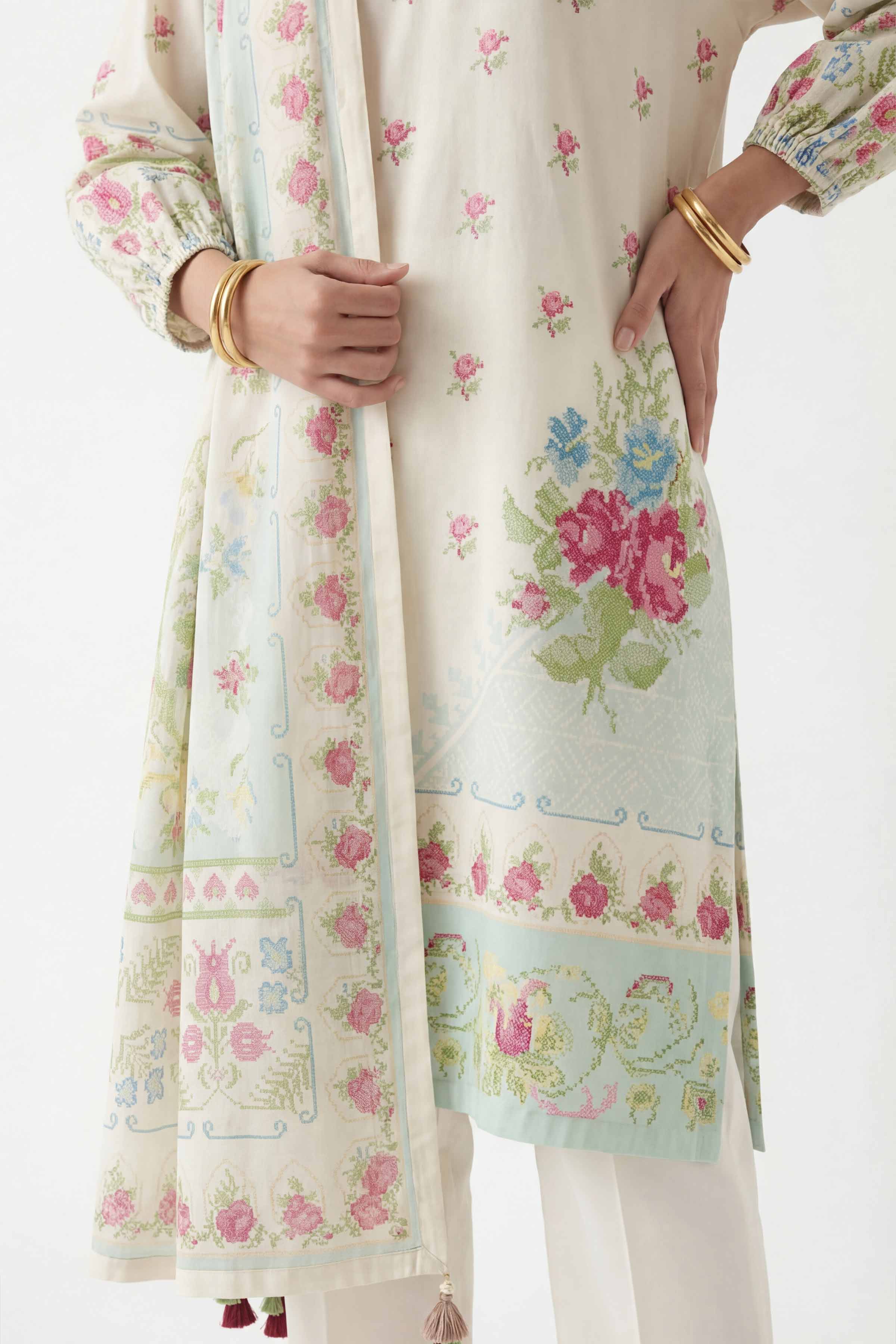 3 Piece - Digital Printed Suit - 42601467 Cream Lawn 3PC Printed Summer