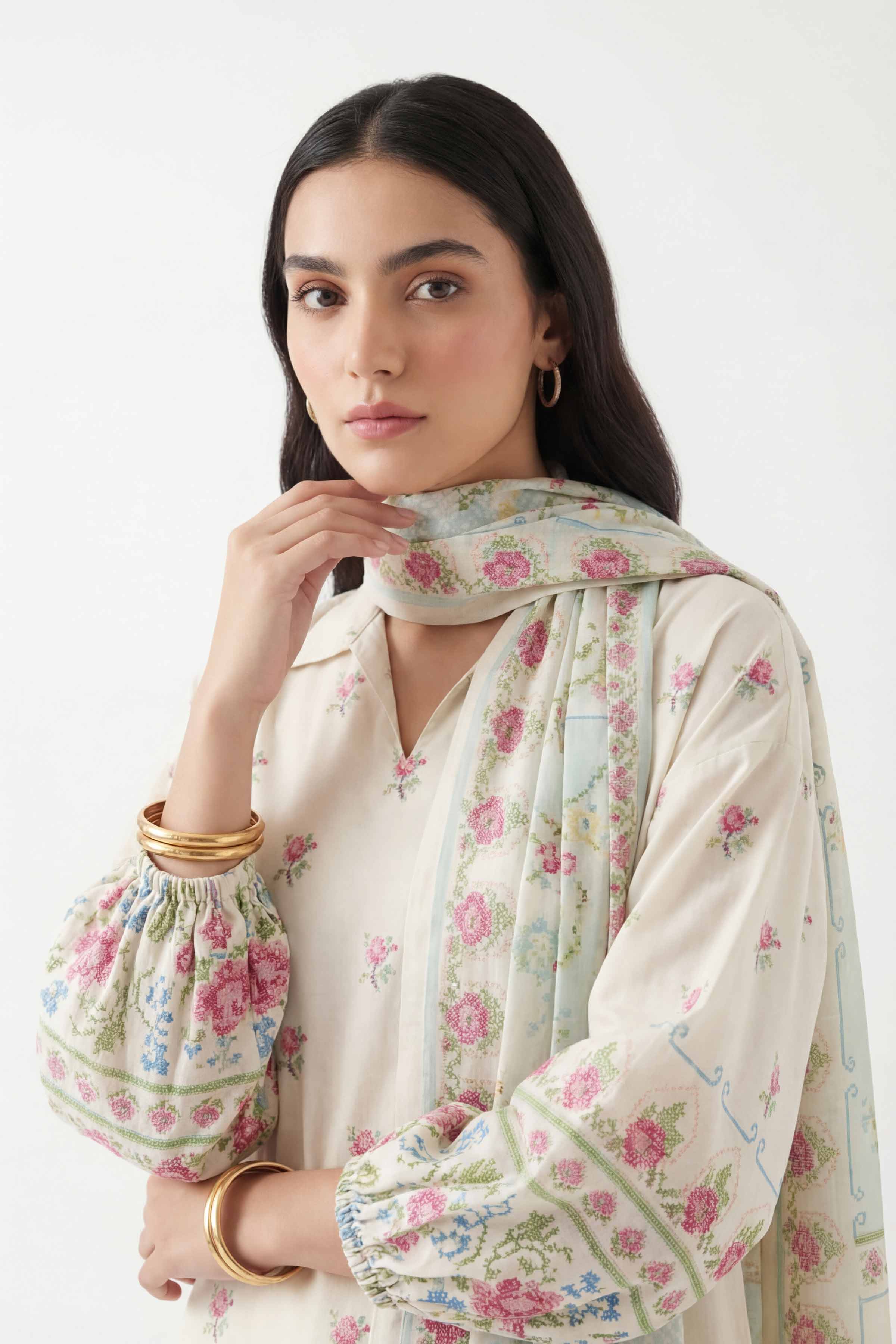 3 Piece - Digital Printed Suit - 42601467 Cream Lawn 3PC Printed Summer