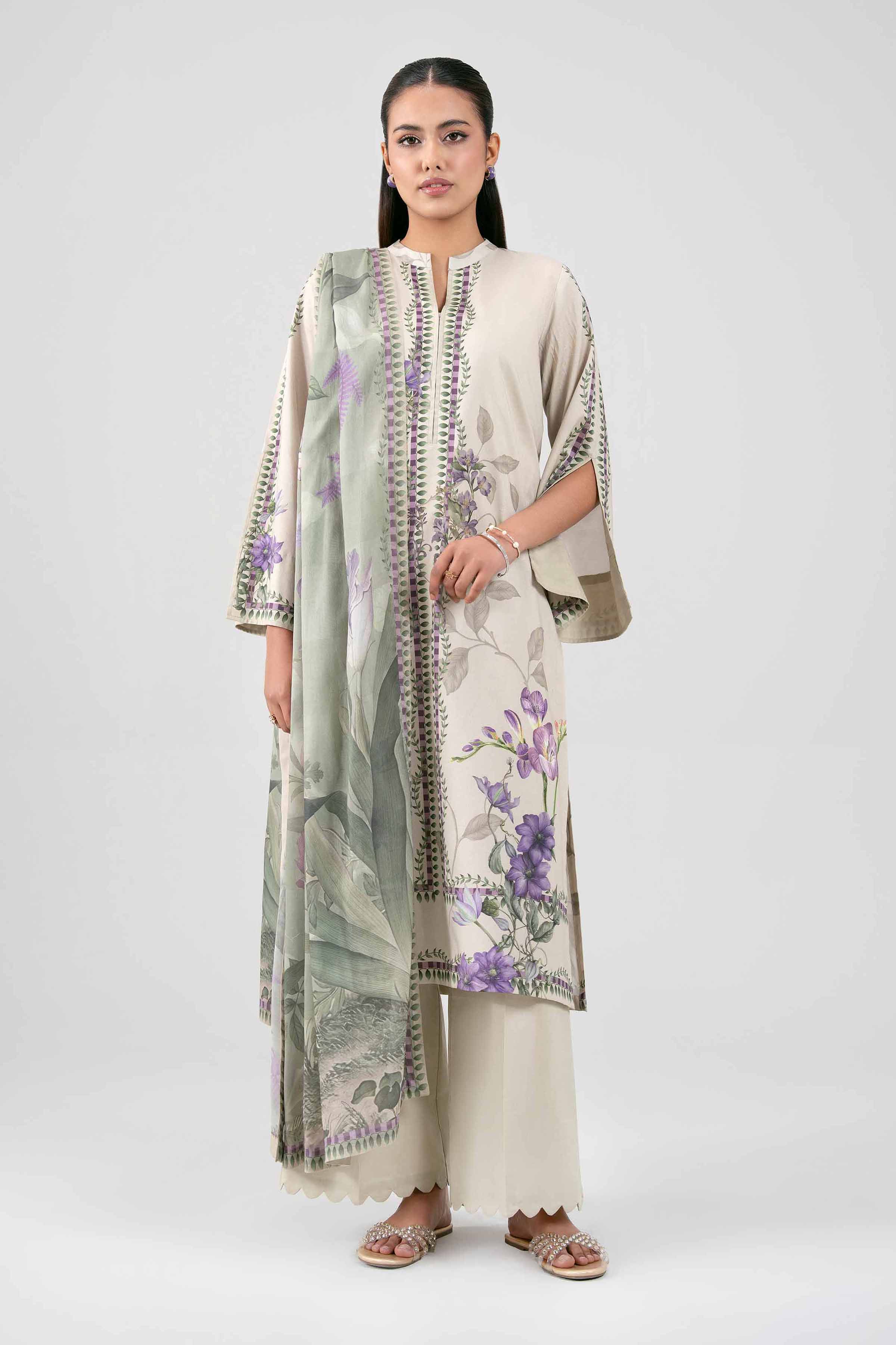 3 Piece - Digital Printed Suit - 42601470 Beige Lawn 3PC Printed Summer