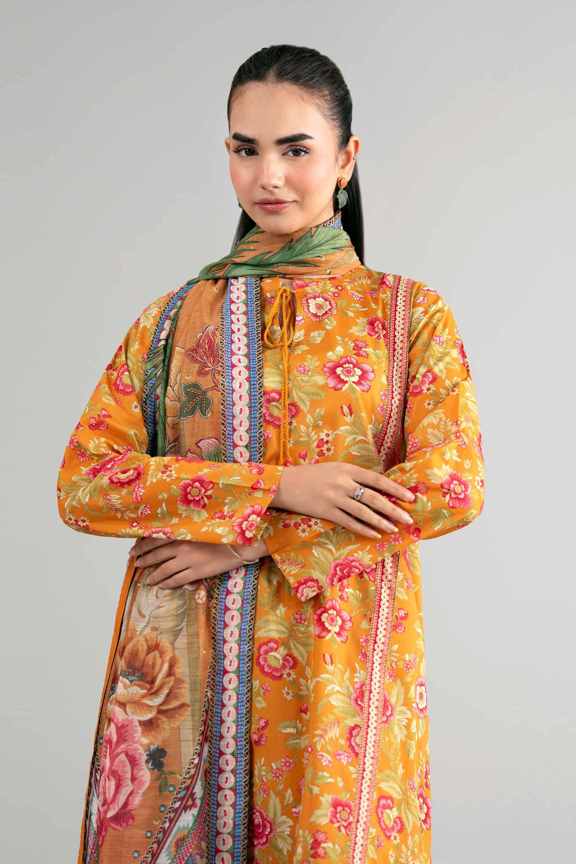 3 Piece - Digital Printed Suit - 42601485 Orange Lawn 3PC Printed Summer