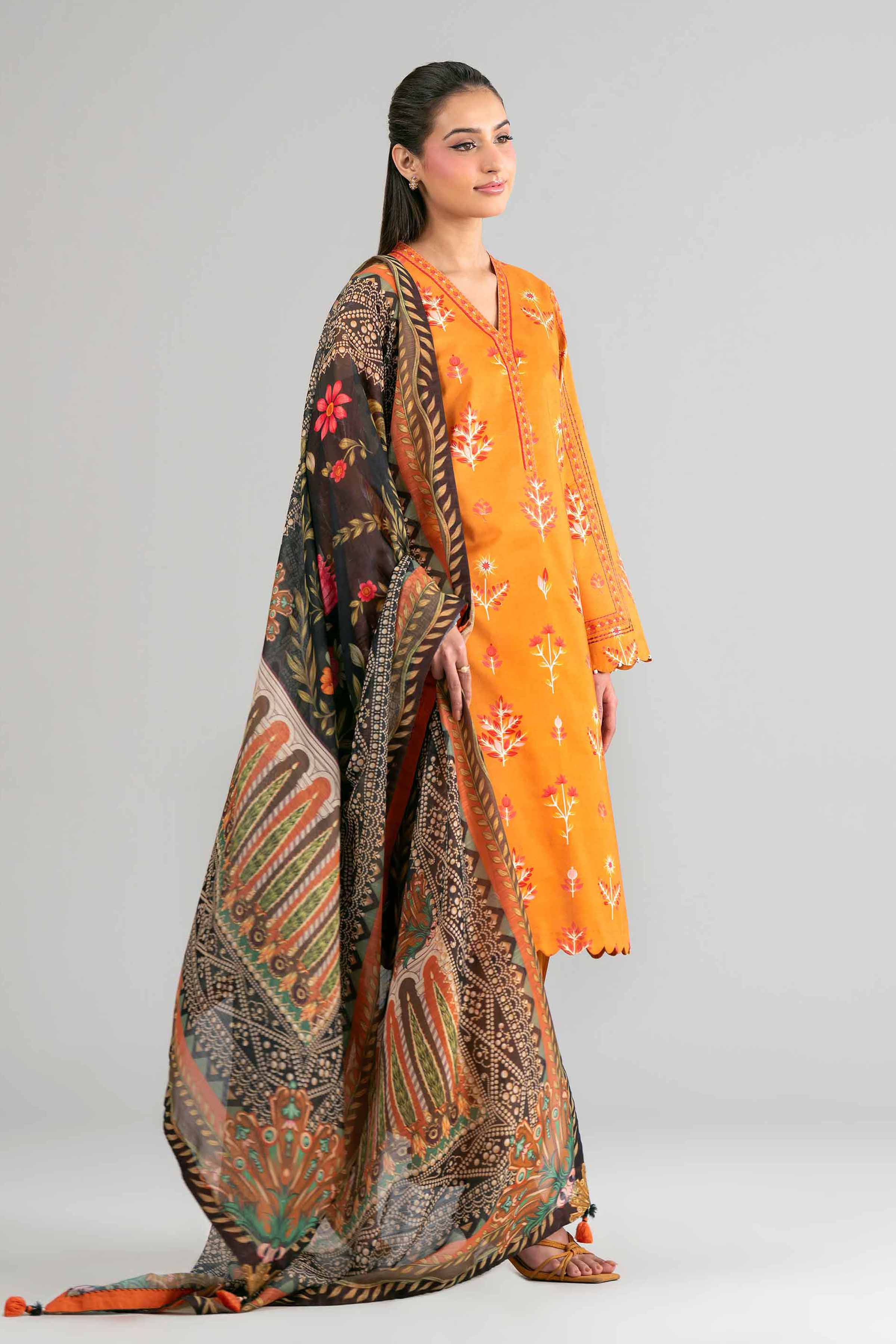 3 Piece - Digital Printed Suit - 42601487 Brown Lawn 3PC Printed Summer