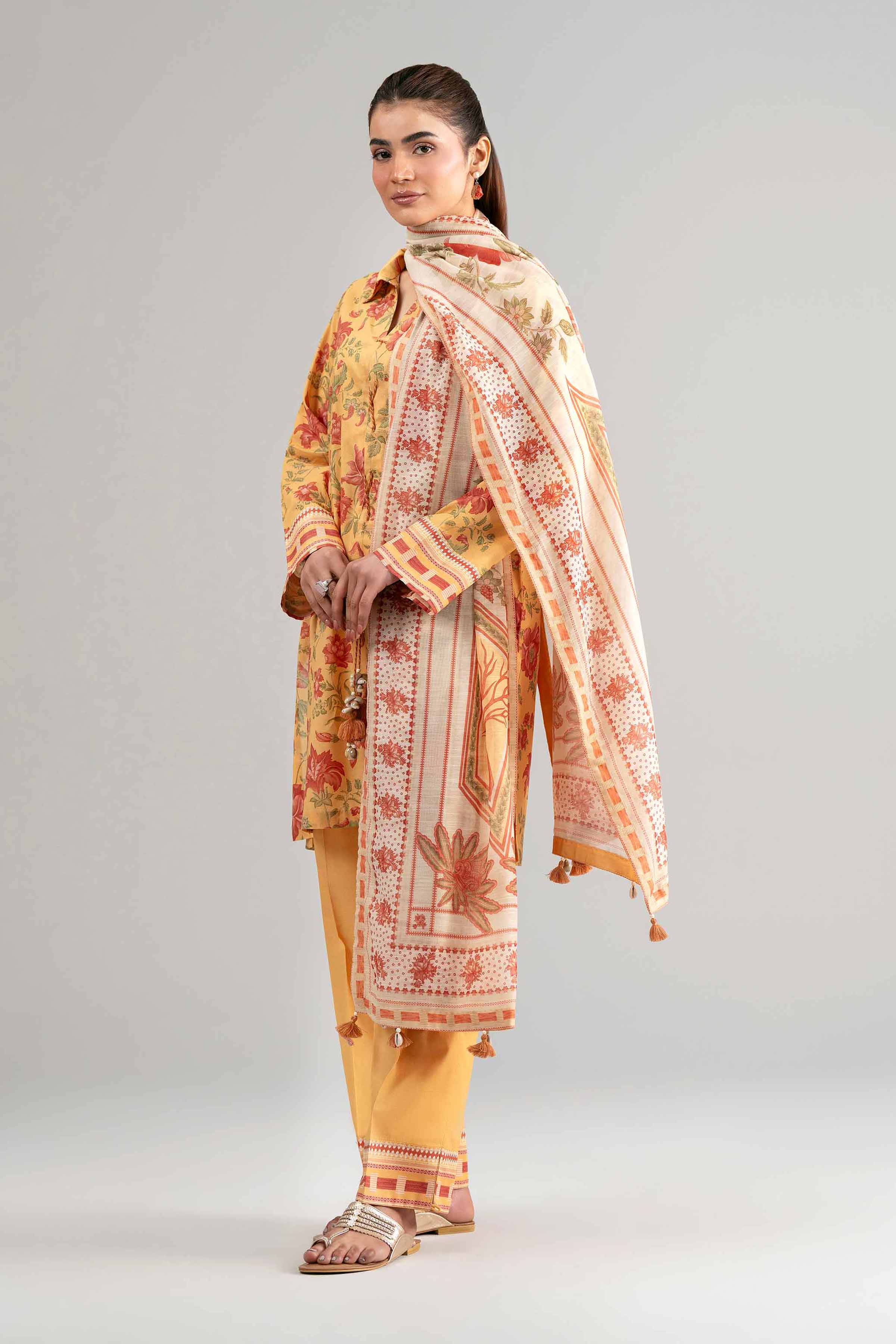 3 Piece - Digital Printed Suit - 42601490 Yellow Lawn 3PC Printed Summer