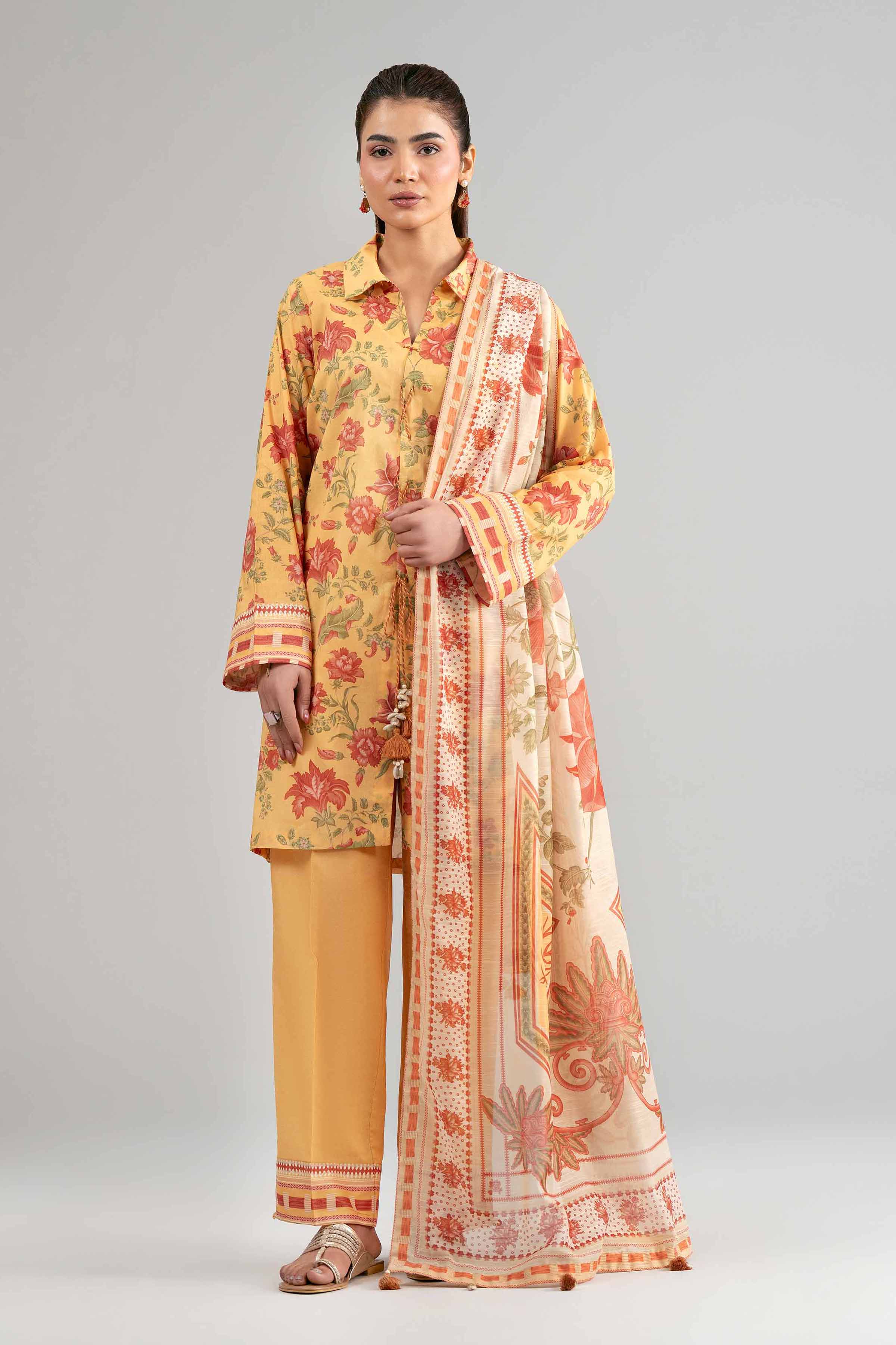 3 Piece - Digital Printed Suit - 42601490 Yellow Lawn 3PC Printed Summer