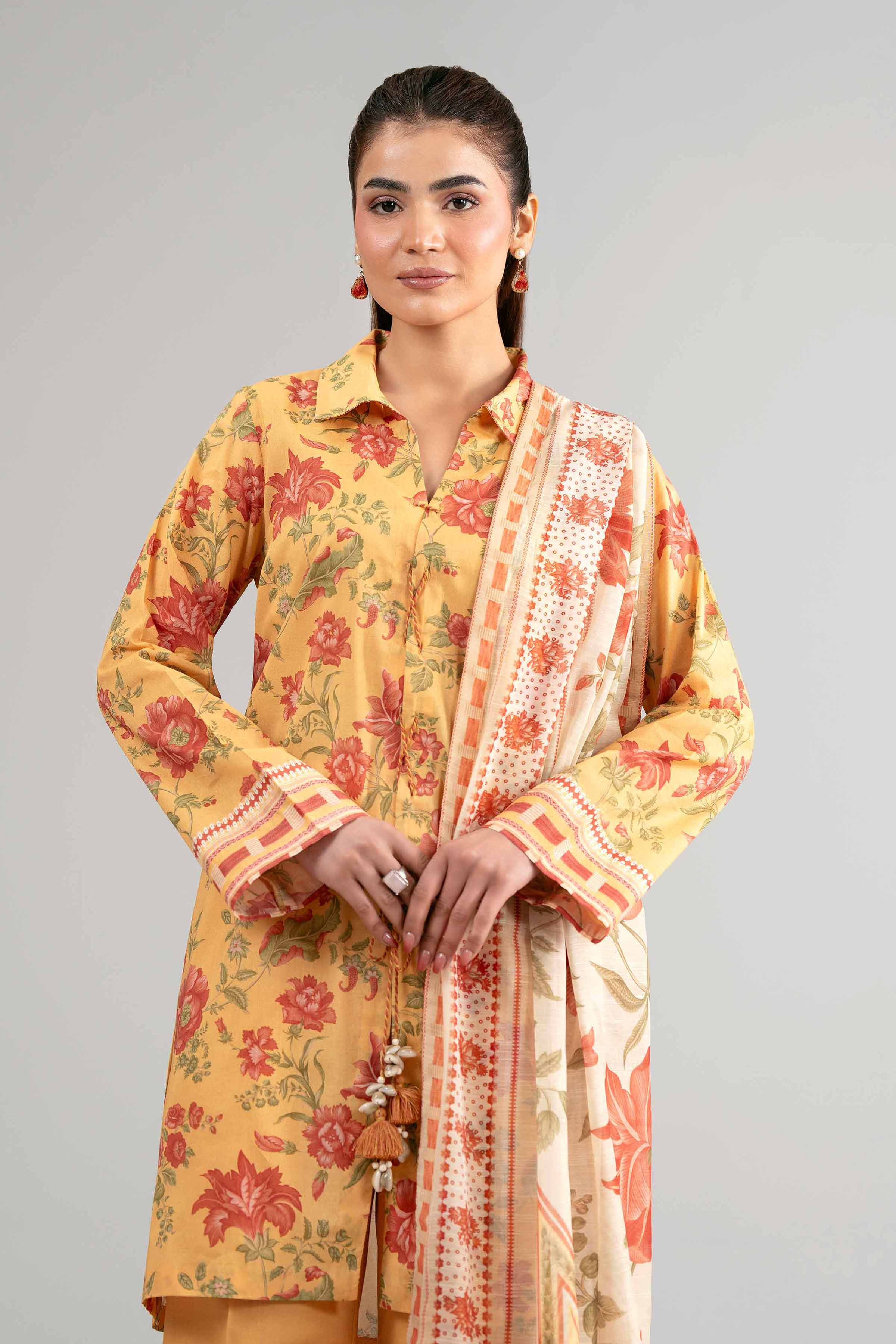 3 Piece - Digital Printed Suit - 42601490 Yellow Lawn 3PC Printed Summer