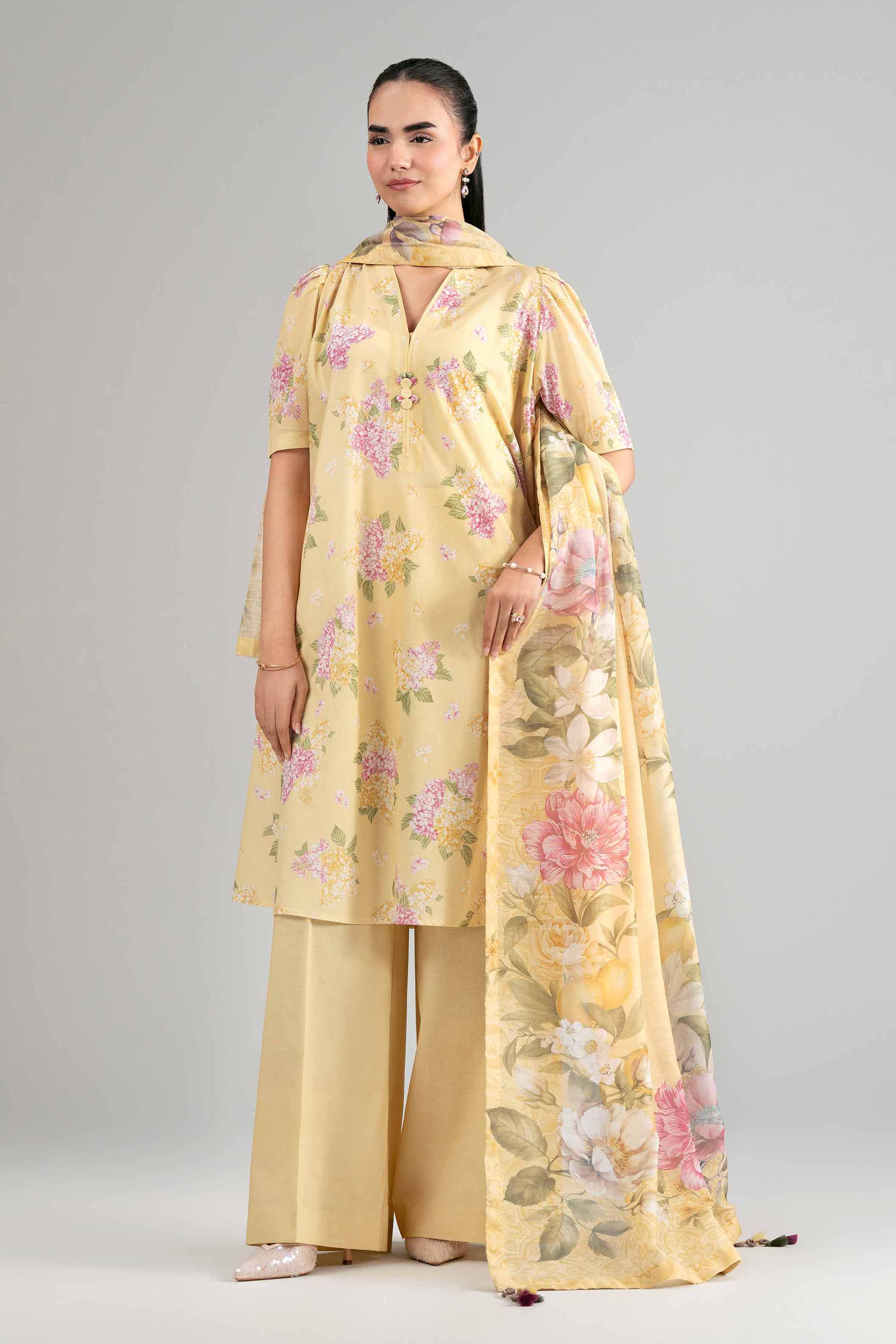 3 Piece - Digital Printed Suit - 42601492 Yellow Lawn 3PC Printed Summer