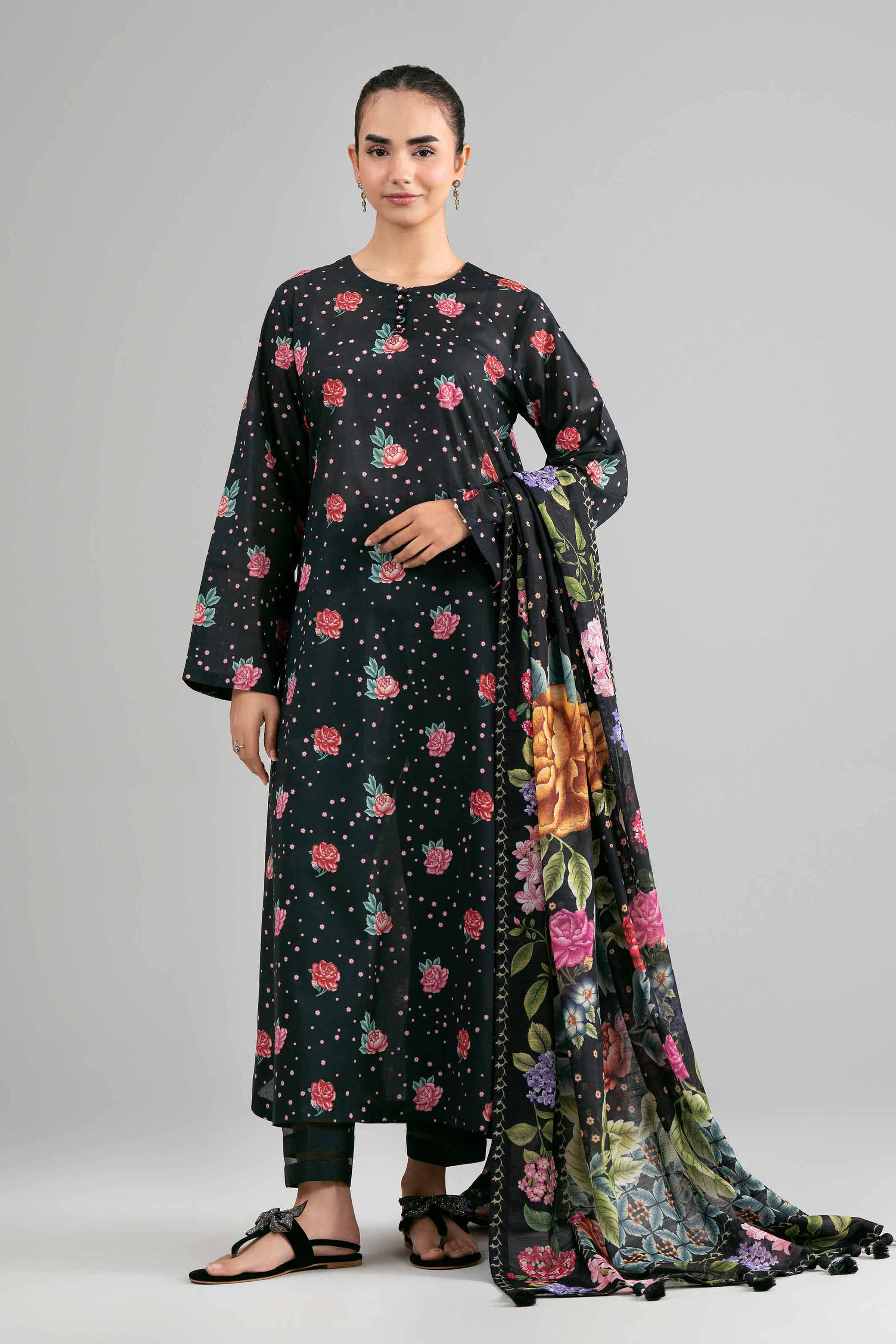 NISHAT UAE 3Pc Printed Unstitched Women Black Lawn Suit