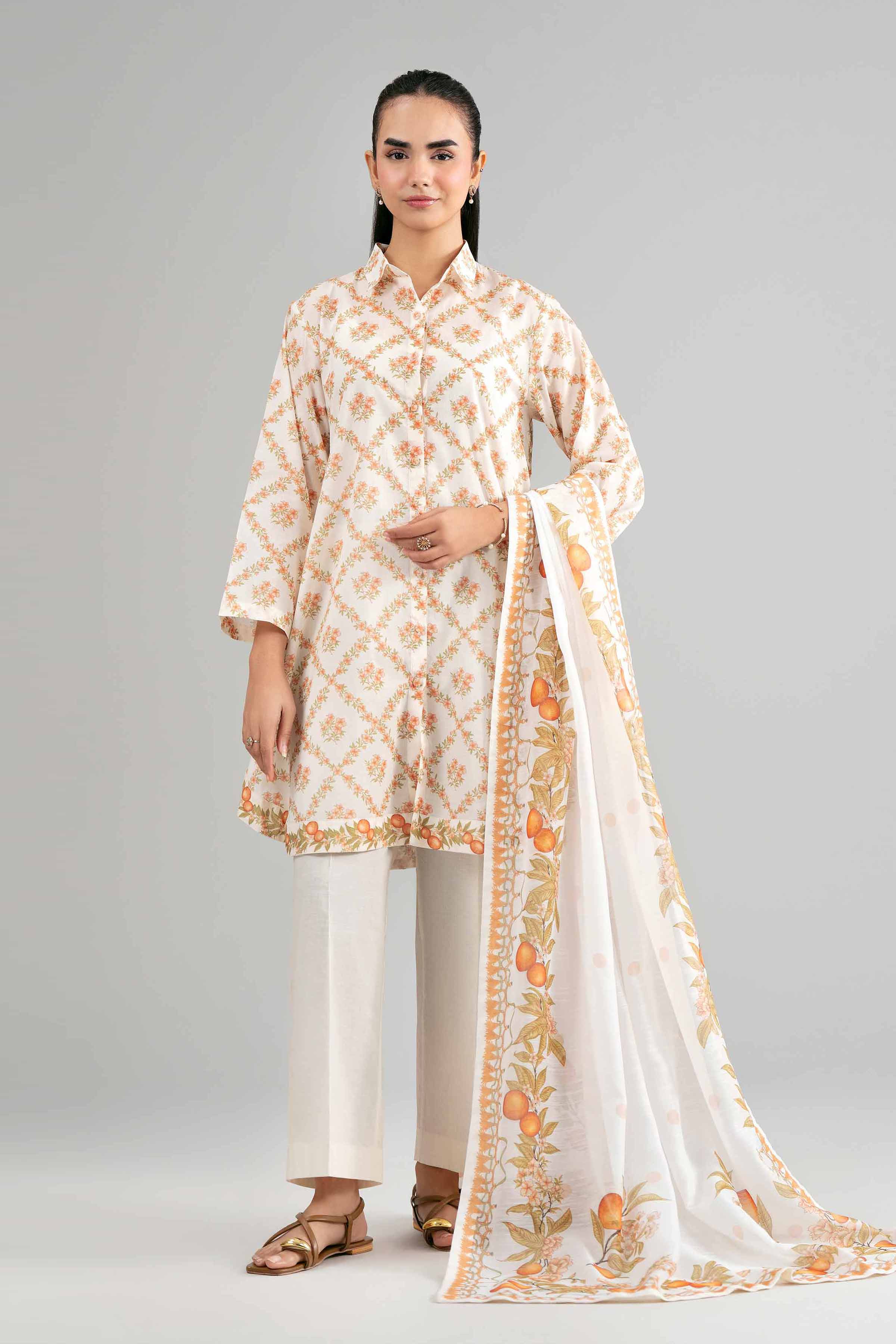 3 Piece - Digital Printed Suit - 42601501 Off White Lawn 3PC Printed Summer