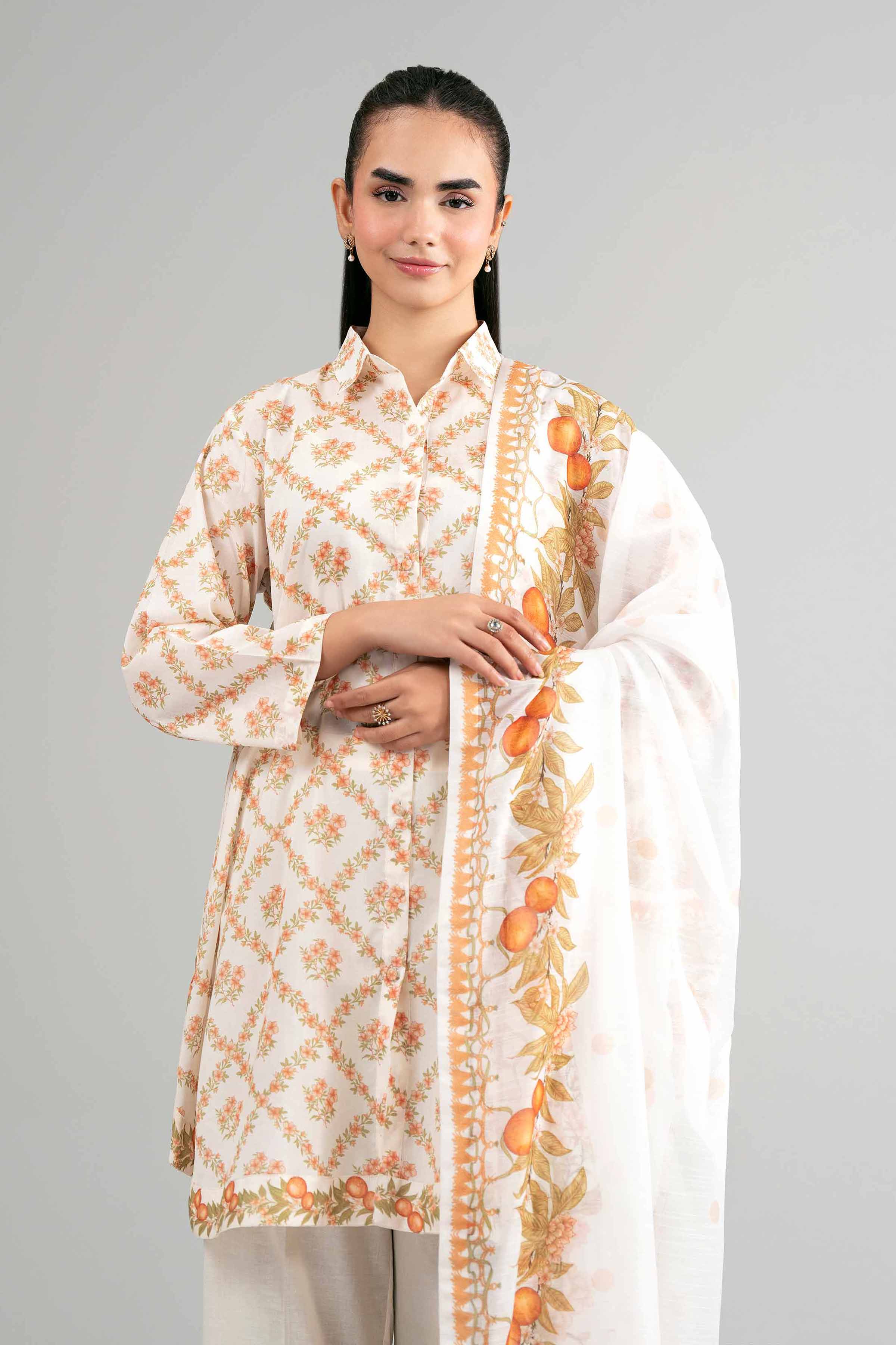 3 Piece - Digital Printed Suit - 42601501 Off White Lawn 3PC Printed Summer