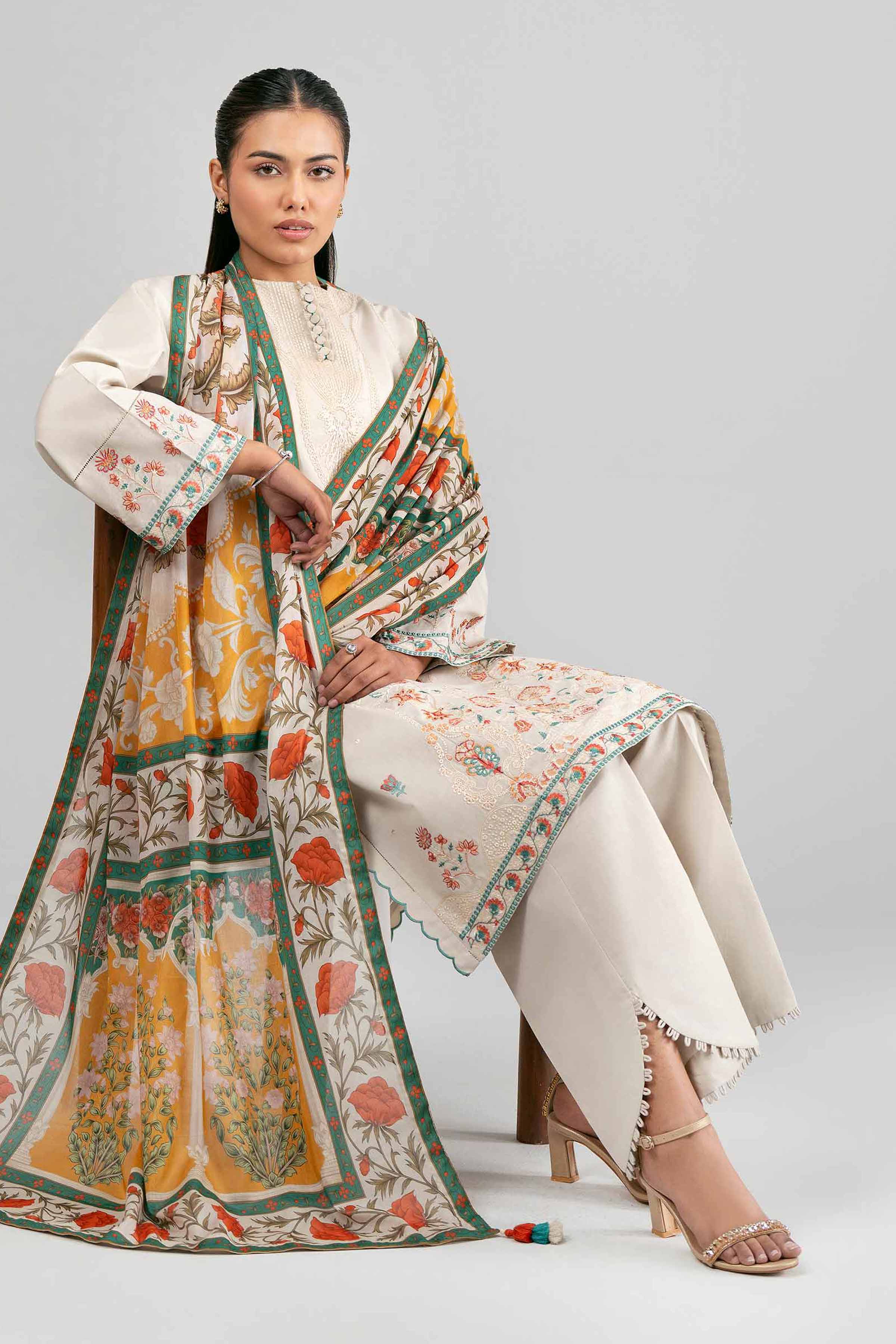 3 Piece - Digital Printed Embroidered Suit - 42601527 Beige Lawn 3PC Embroidered Summer