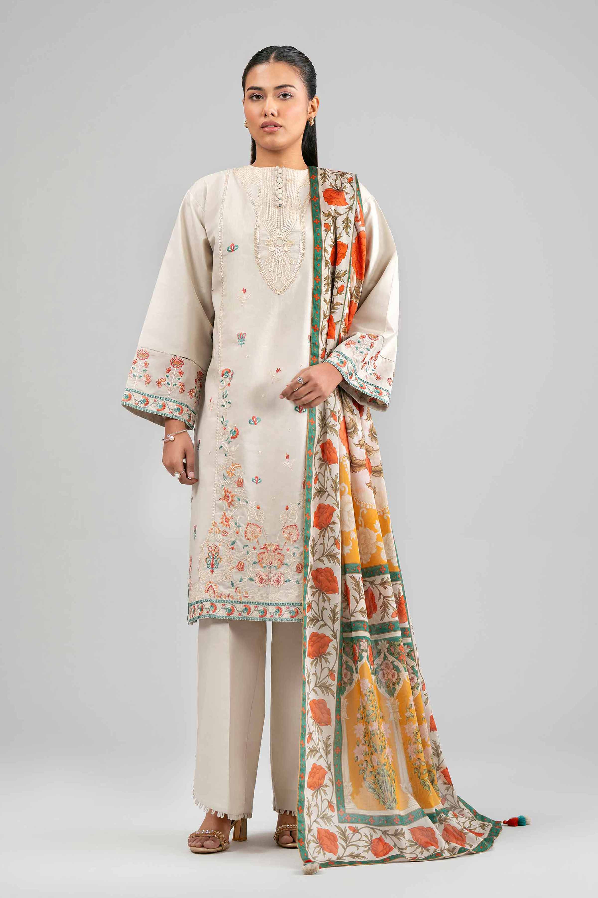 3 Piece - Digital Printed Embroidered Suit - 42601527 Beige Lawn 3PC Embroidered Summer