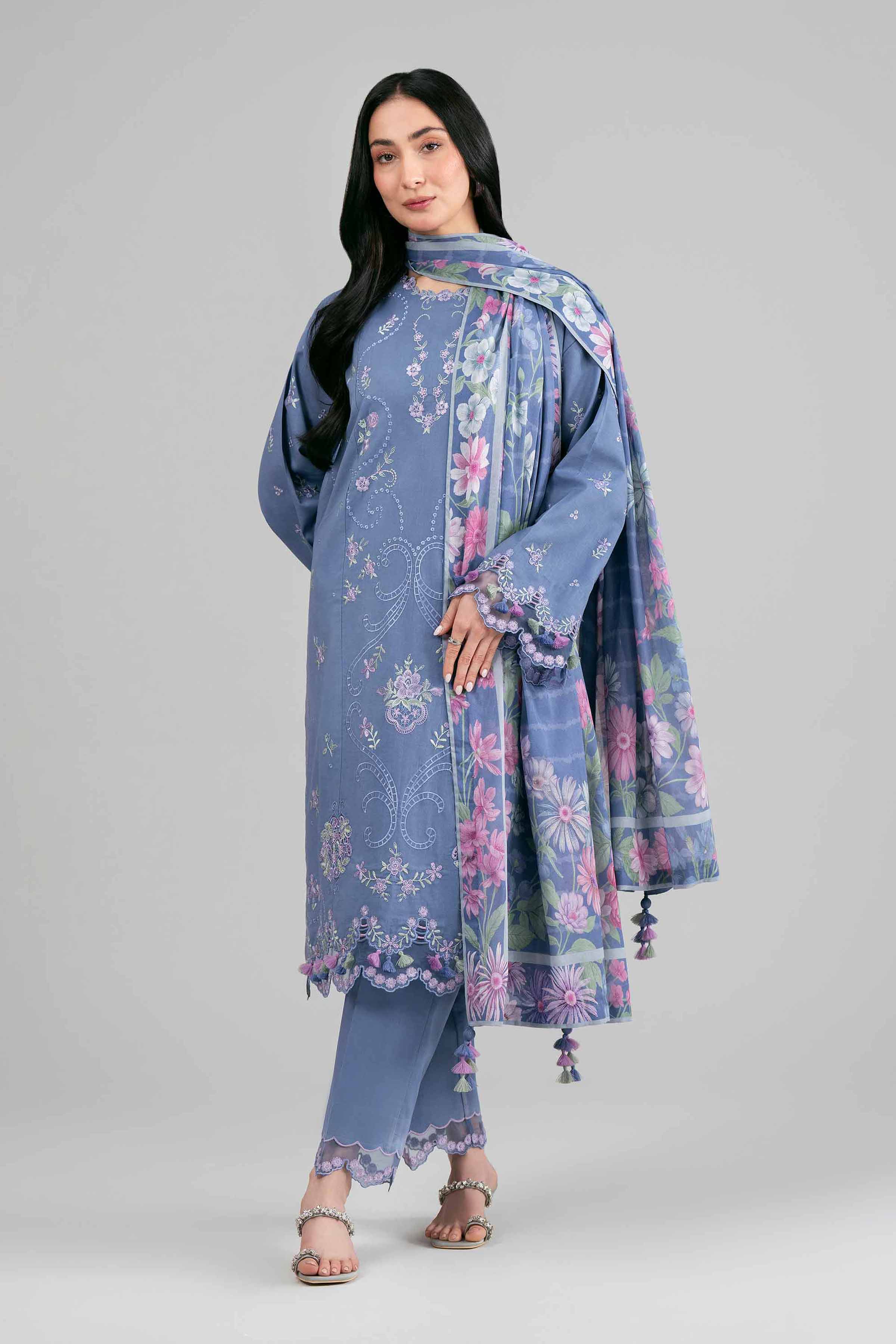 3 Piece - Digital Printed Embroidered Suit - 42601531 Blue Lawn 3PC Embroidered Summer