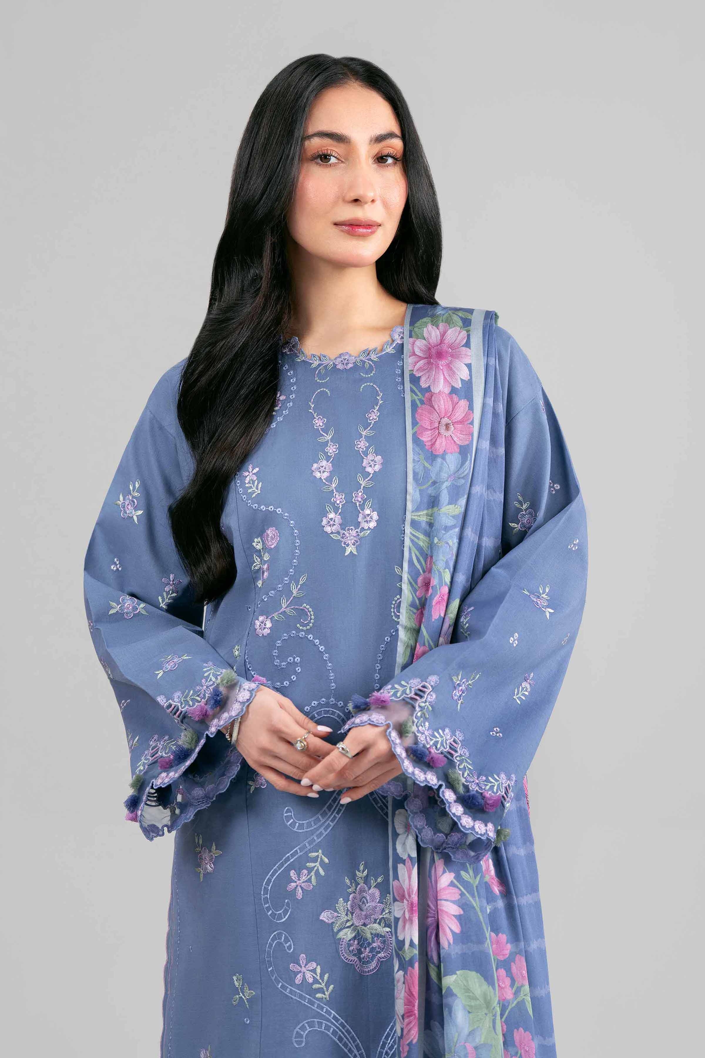 3 Piece - Digital Printed Embroidered Suit - 42601531 Blue Lawn 3PC Embroidered Summer