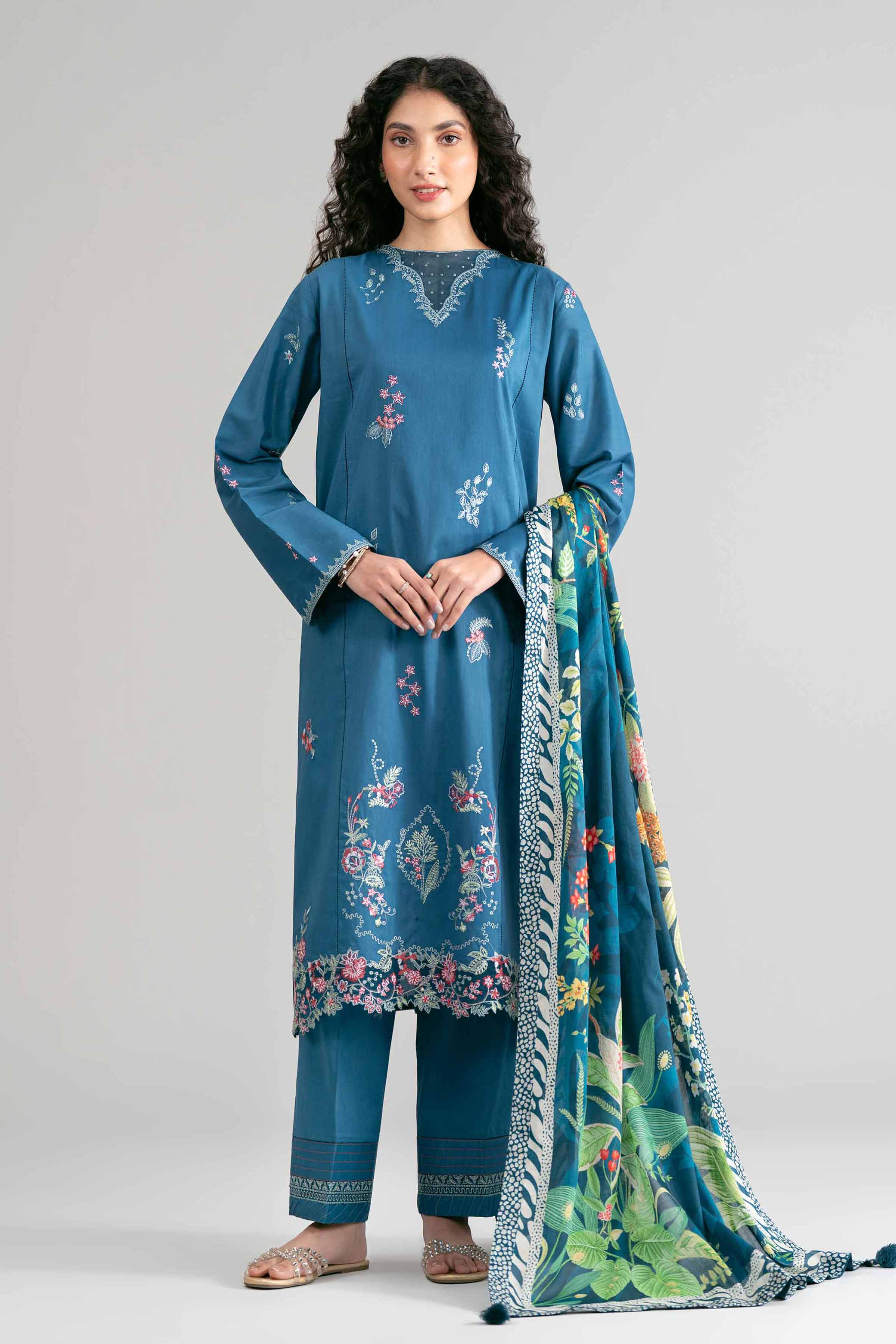 3 Piece - Digital Printed Embroidered Suit - 42601533 Blue Lawn 3PC Embroidered Summer