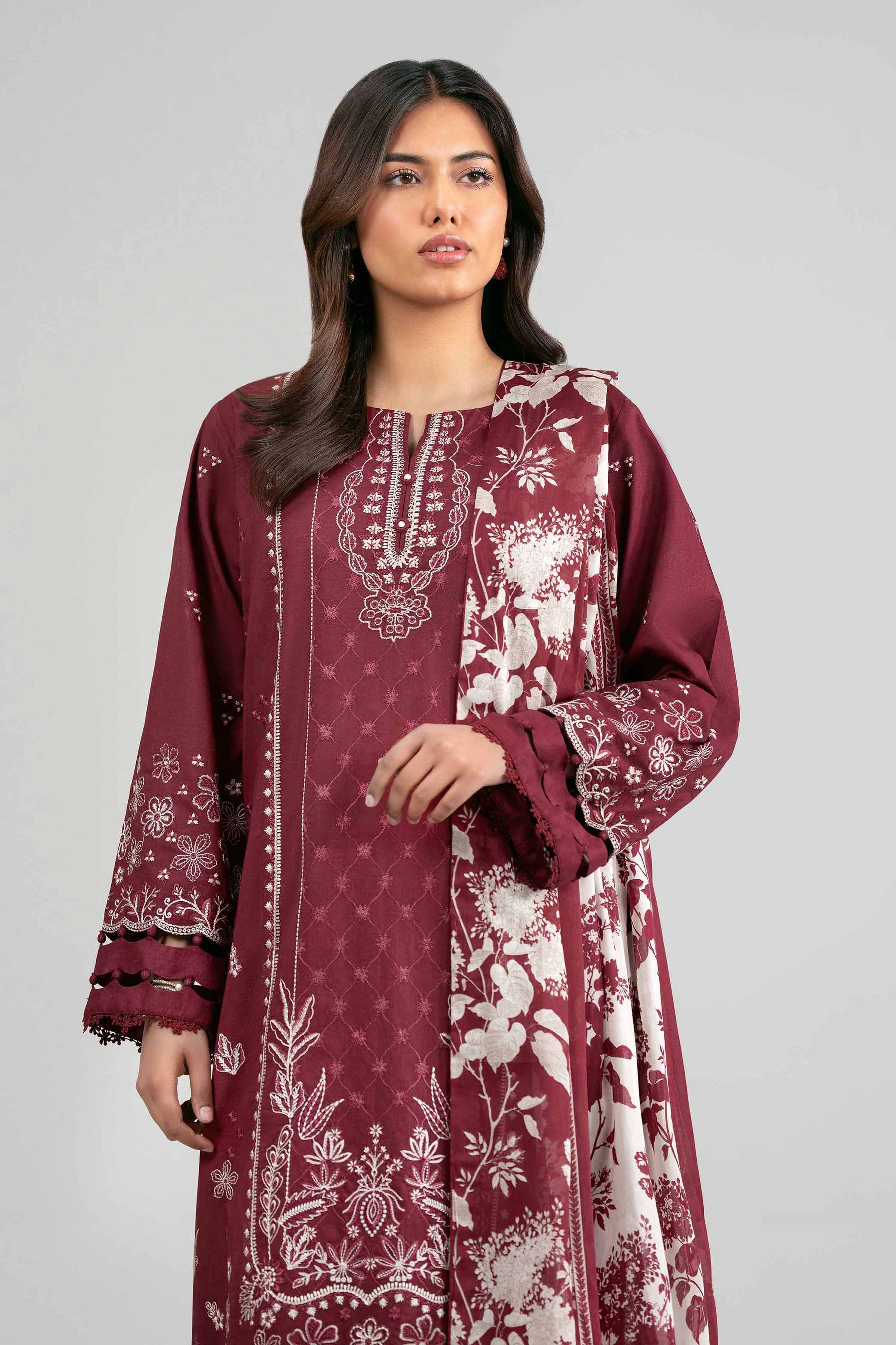 3 Piece - Printed Embroidered Suit - 42601536 Maroon Lawn 3PC Embroidered Summer