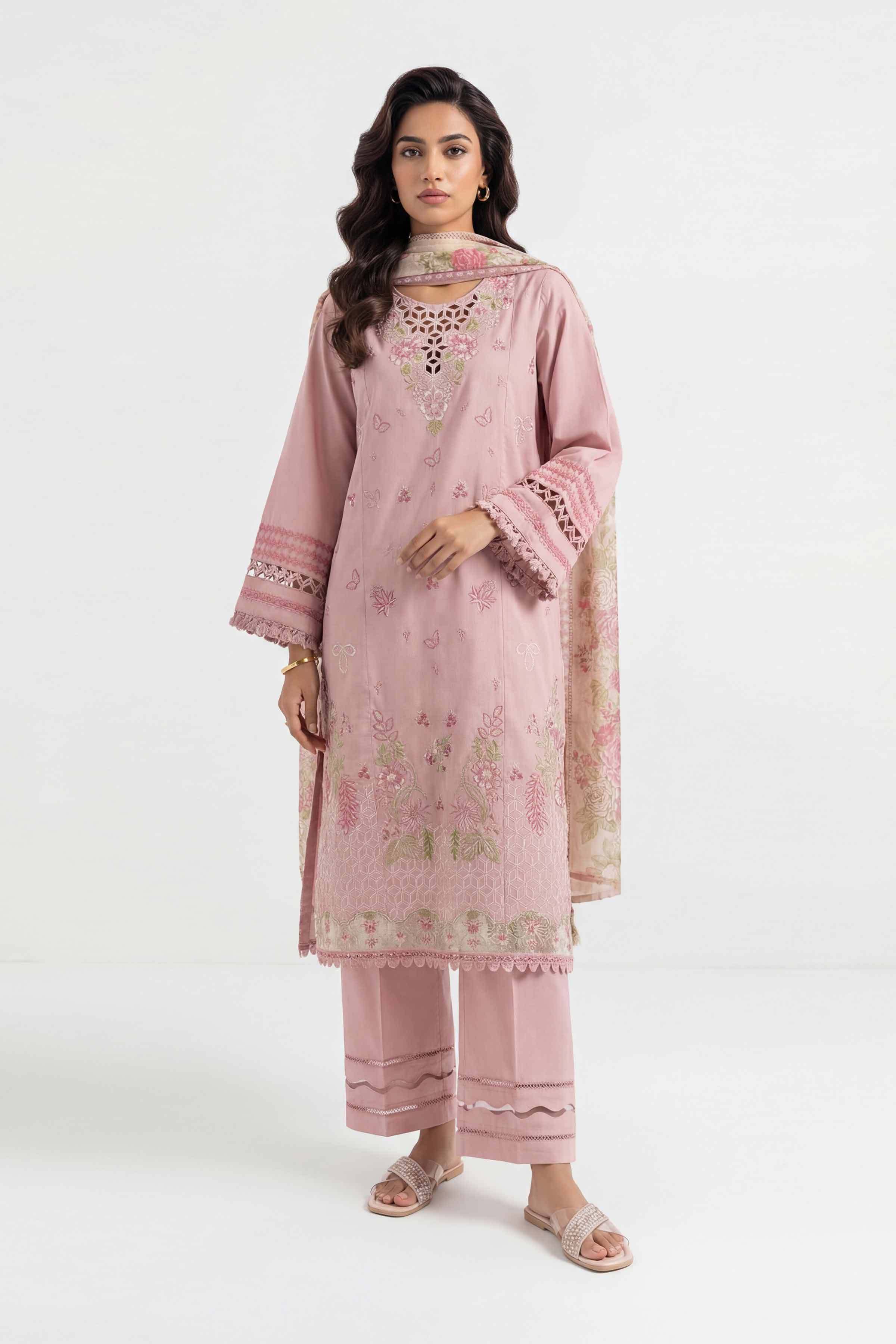 3 Piece - Printed Embroidered Suit - 42601537 Pink Lawn 3PC Embroidered Summer