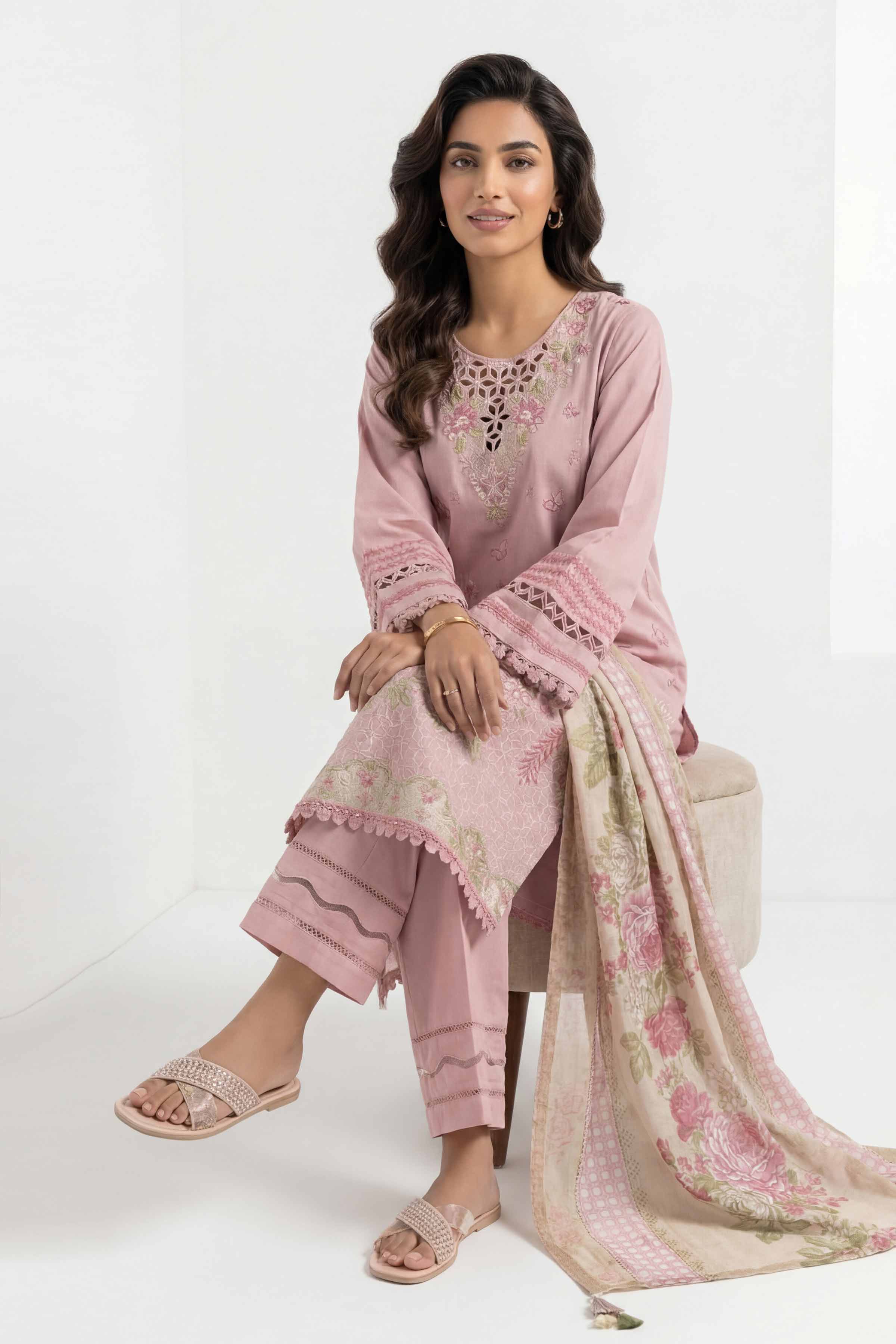 3 Piece - Printed Embroidered Suit - 42601537 Pink Lawn 3PC Embroidered Summer