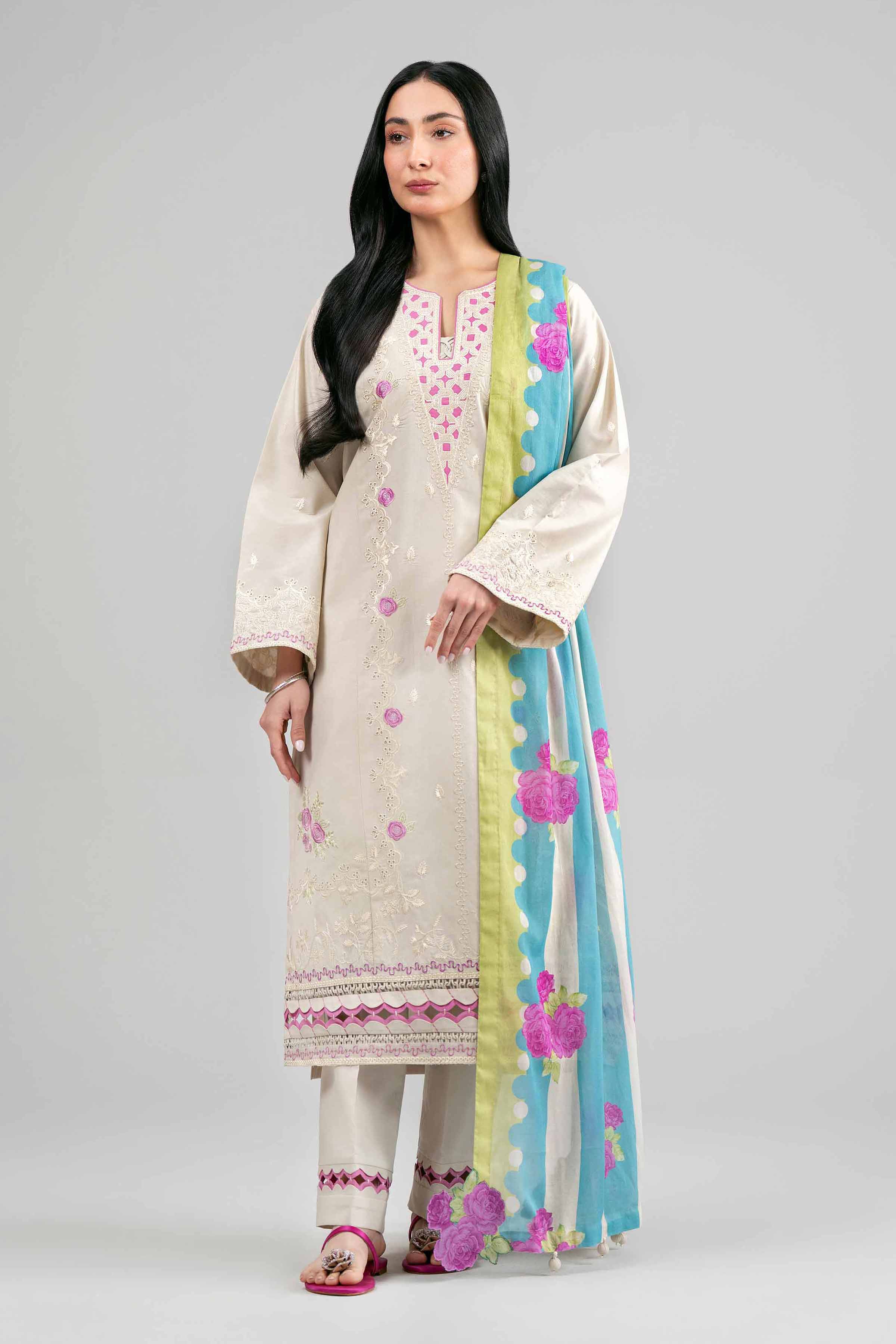 3 Piece - Printed Embroidered Suit - 42601543 Beige Lawn 3PC Embroidered Summer