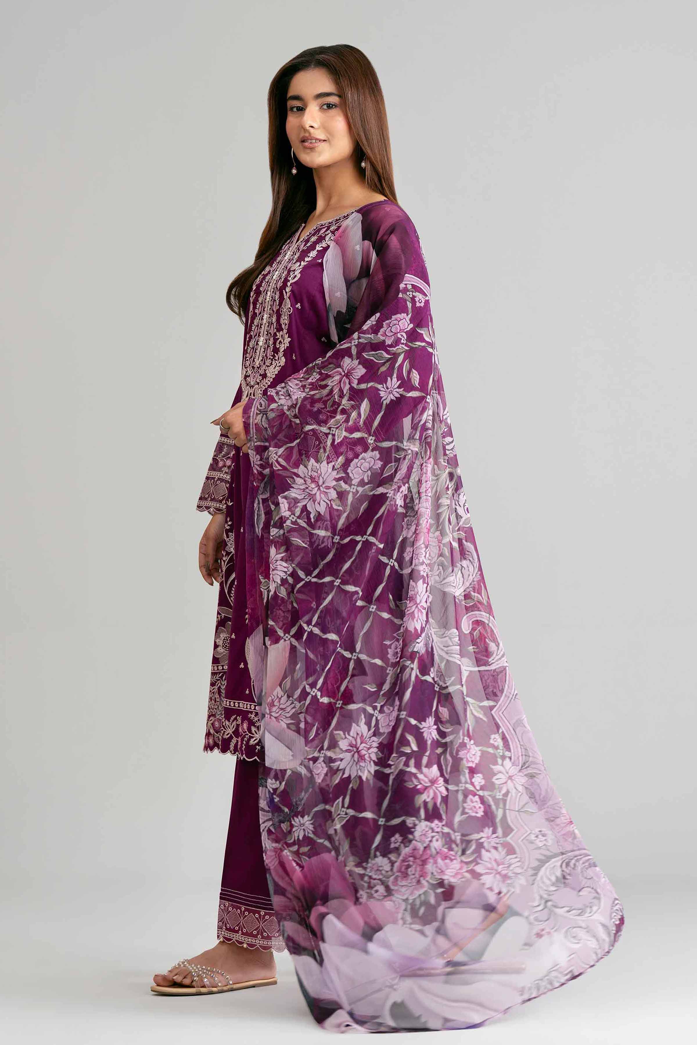 3 Piece - Digital Printed Embroidered Suit - 42601545 Purple Lawn 3PC Embroidered Summer