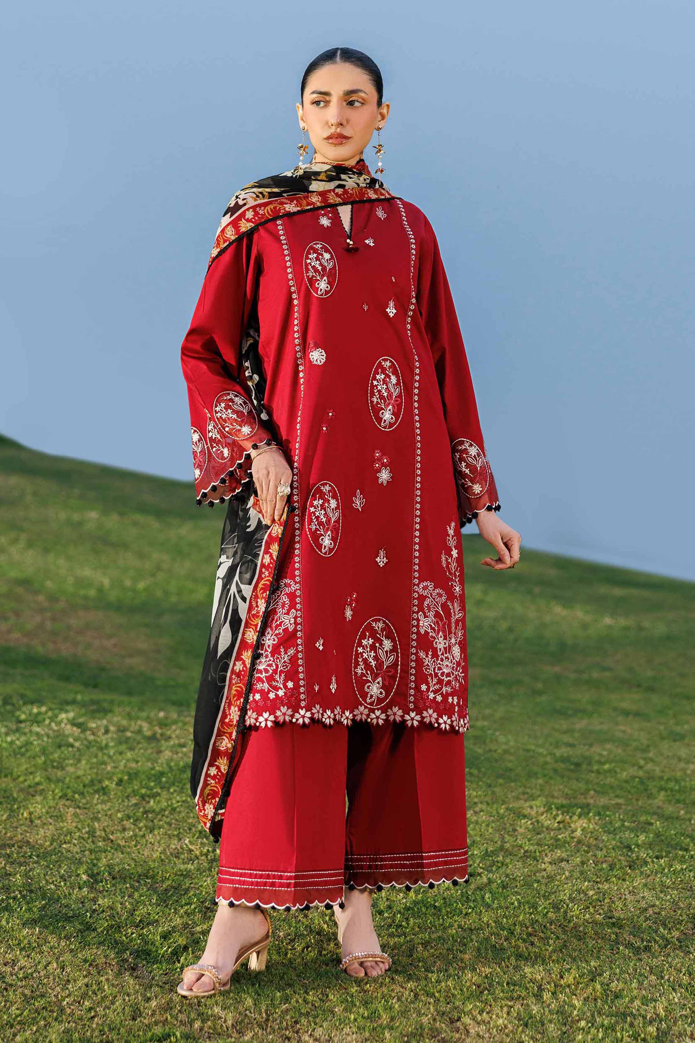 3 Piece - Digital Printed Embroidered Suit - 42601550 Maroon Lawn 3PC Embroidered Summer