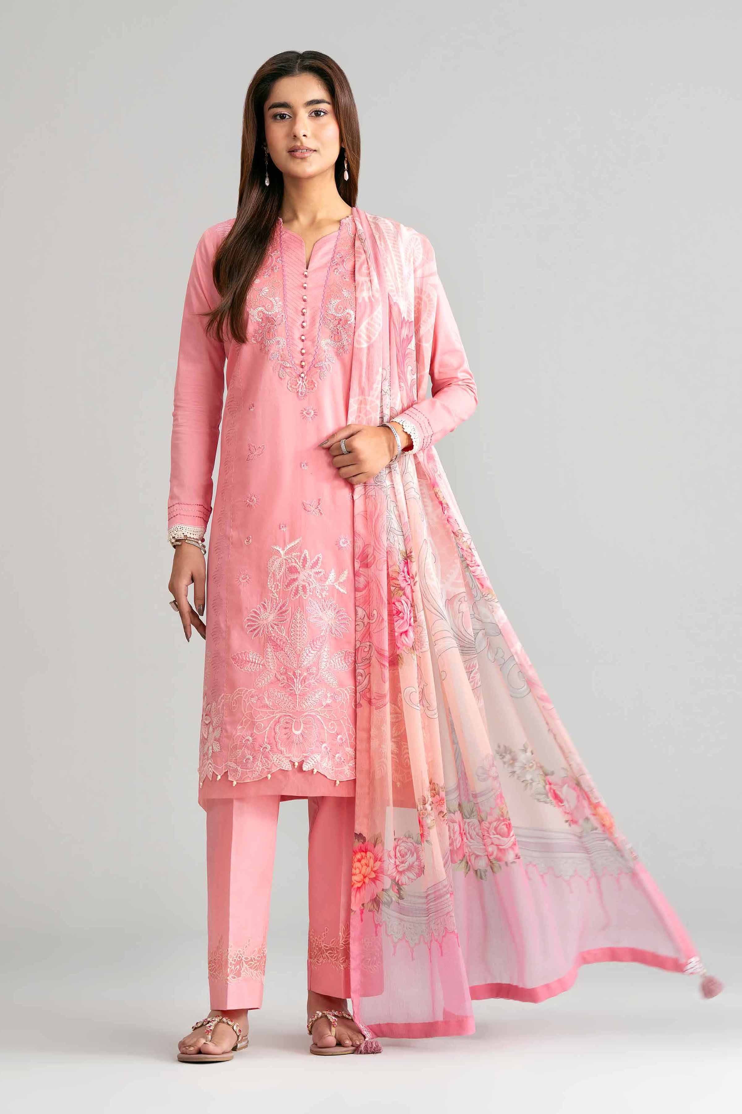 3 Piece - Digital Printed Embroidered Suit - 42601551 Pink Lawn 3PC Embroidered Summer