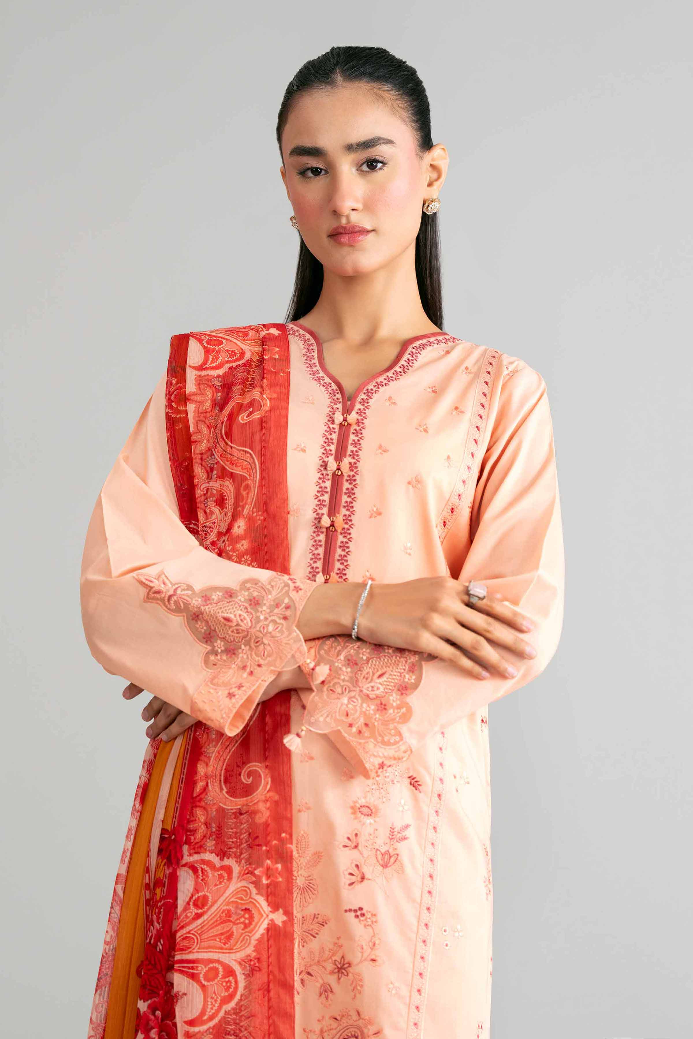 3 Piece - Digital Printed Embroidered Suit - 42601553 Orange Lawn 3PC Embroidered Summer