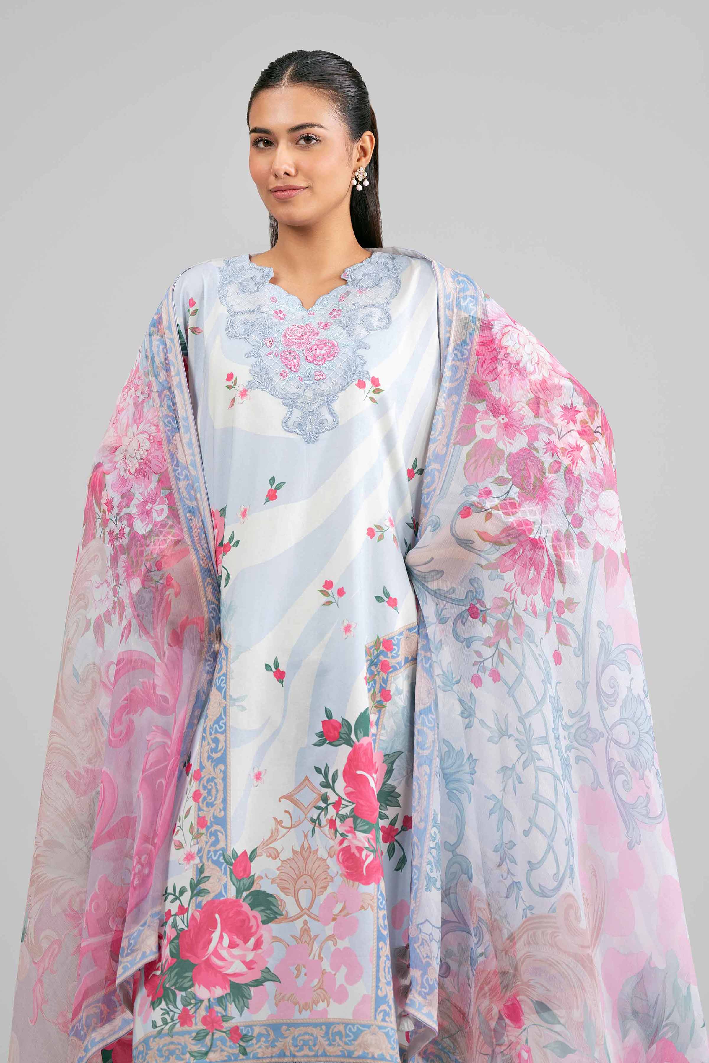 3 Piece - Digital Printed Embroidered Suit - 42601554 Blue Lawn 3PC Embroidered Summer