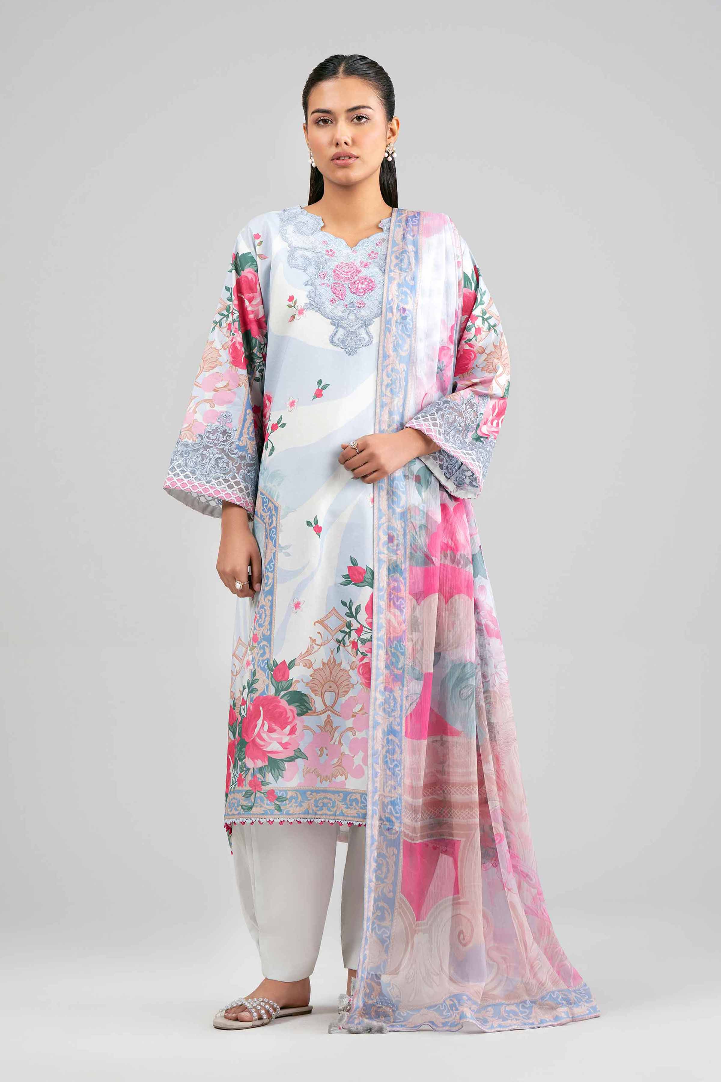 3 Piece - Digital Printed Embroidered Suit - 42601554 Blue Lawn 3PC Embroidered Summer